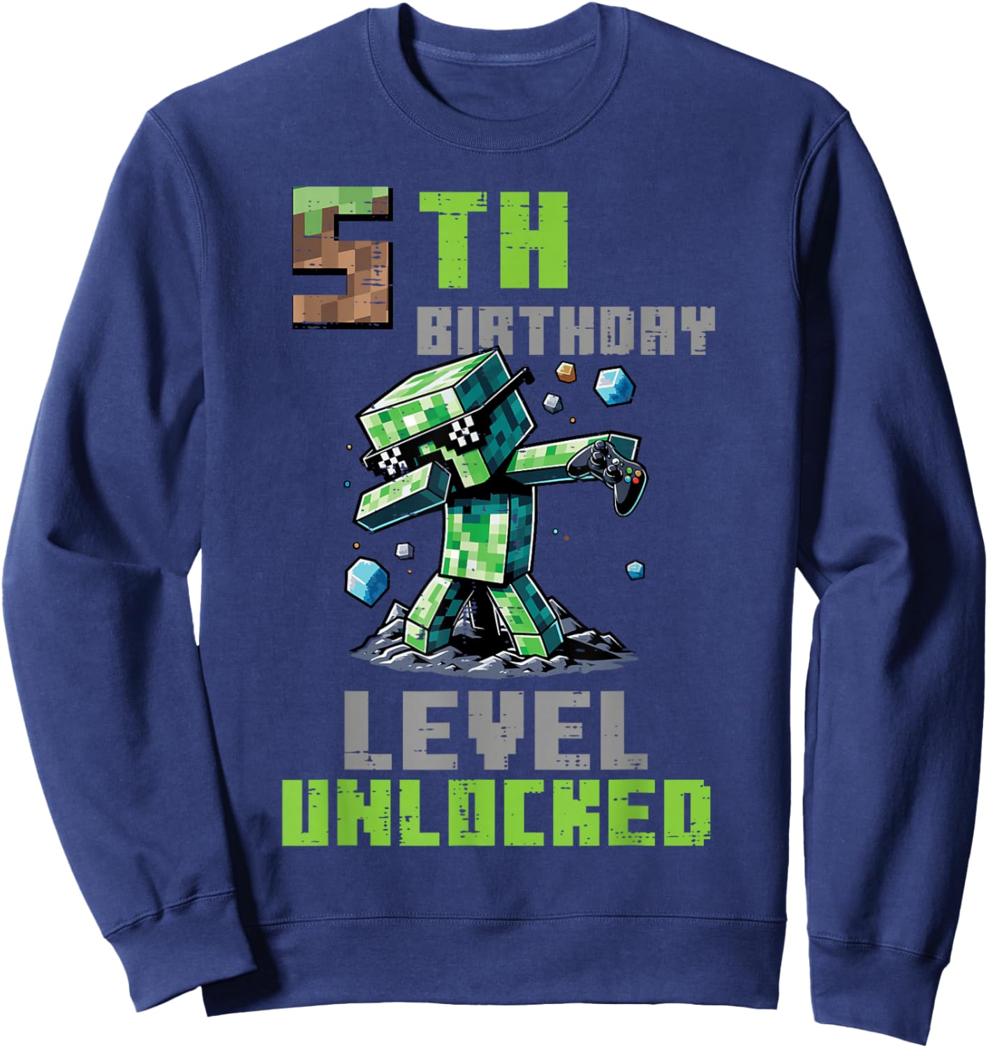 5th Birthday Level Unlocked Pixel Dab 5 Bday Gamer Boys Kids Sweatshirt - Sweatshirt | Navy