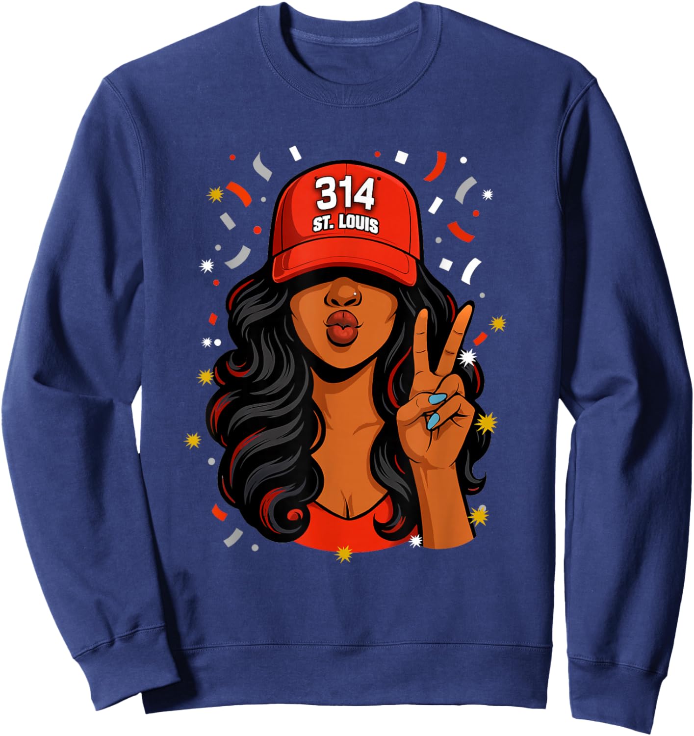 St. Louis 314 Black Woman Wearing Red Hat Sweatshirt - Sweatshirt | Navy