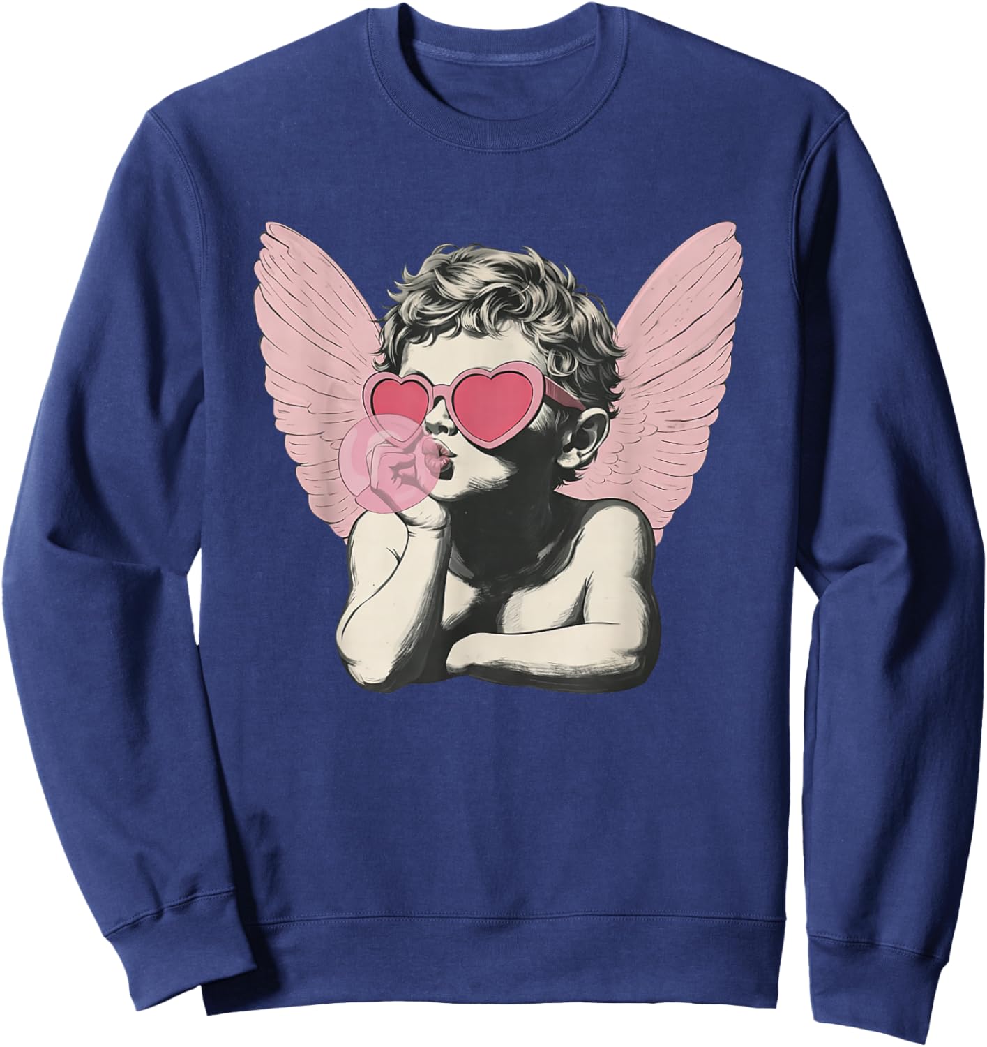 Vintage Cute Cupid in Sunglasses Blowing Bubble Valentine Sweatshirt - Sweatshirt | Navy