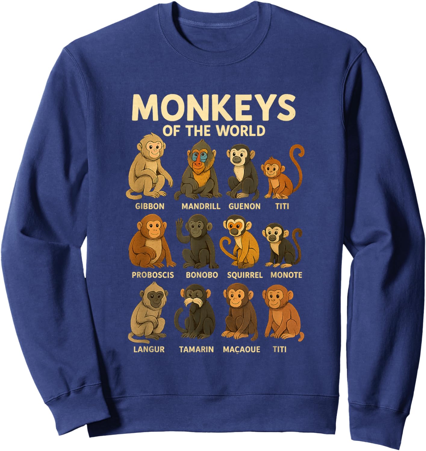 Monkeys of The World Cute Primate Species Cartoon Shirt Sweatshirt - Sweatshirt | Navy
