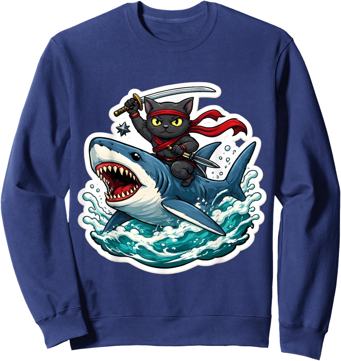 Ninja Cat Riding Shart Funny Cartoon Owner Feline Lover Art Sweatshirt - Sweatshirt | Navy