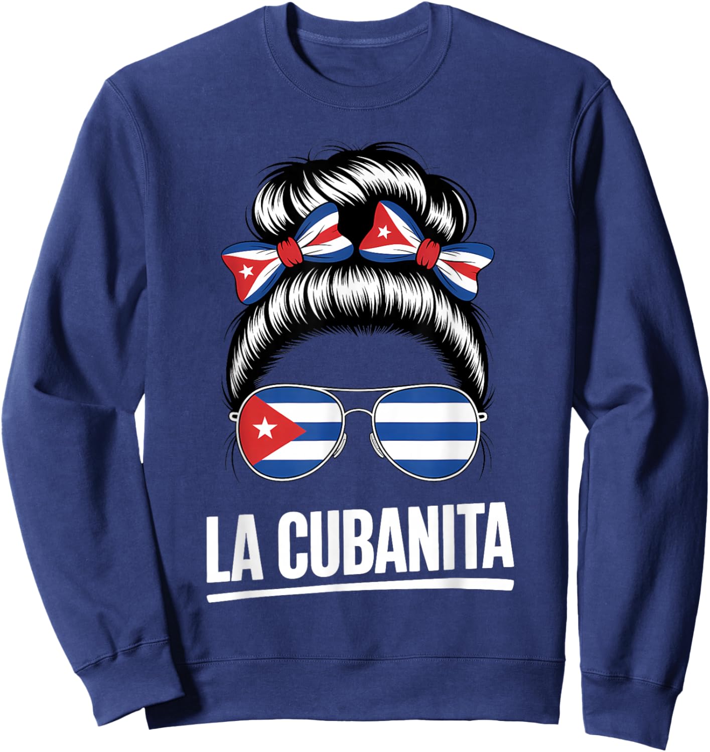 La Cubanita Cuban Flag Hair Bow Glasses Sweatshirt - Sweatshirt | Navy