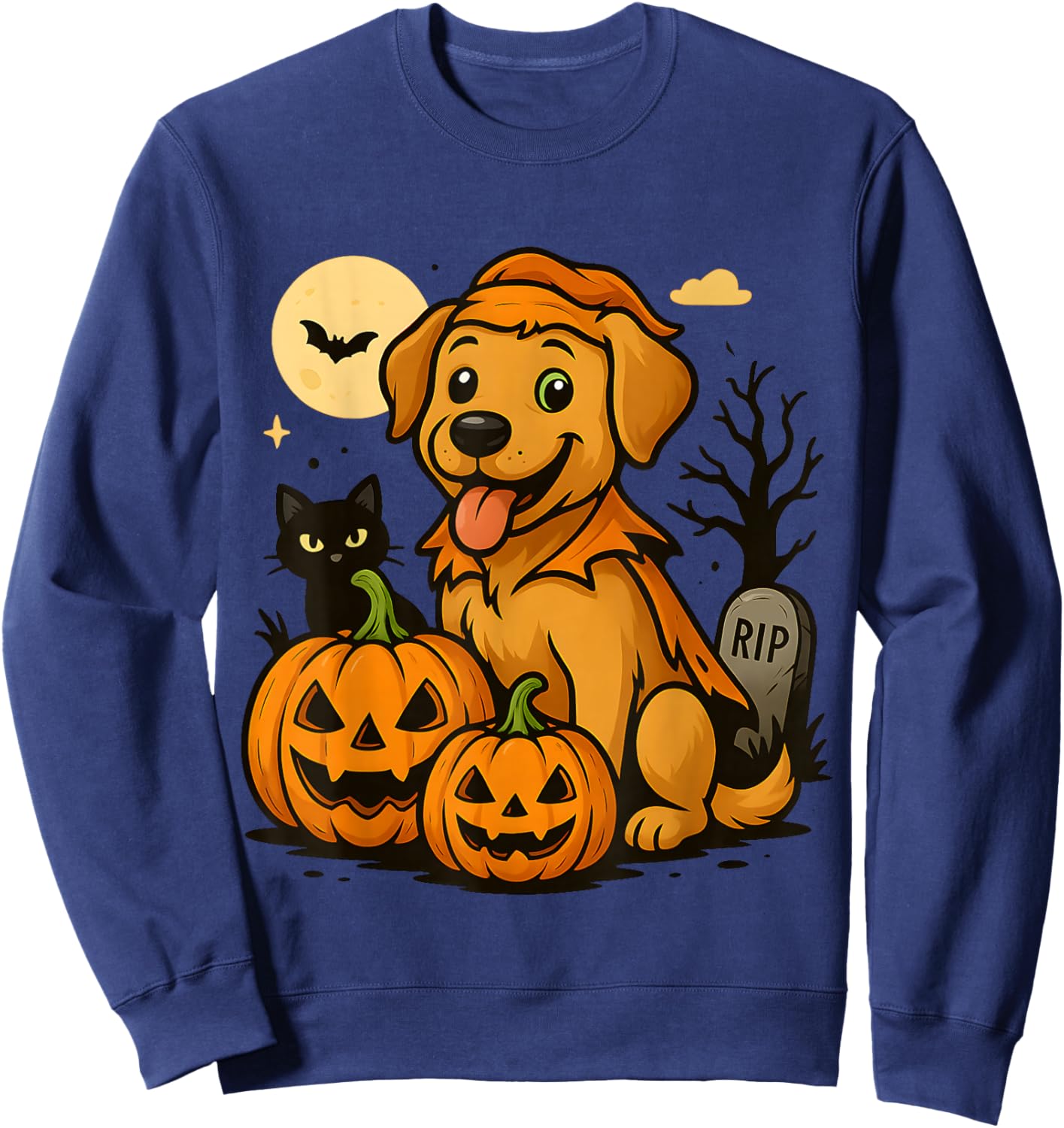 Cute Halloween Dog with Pumpkins and Black Cat Graveyard Sweatshirt - Sweatshirt | Navy