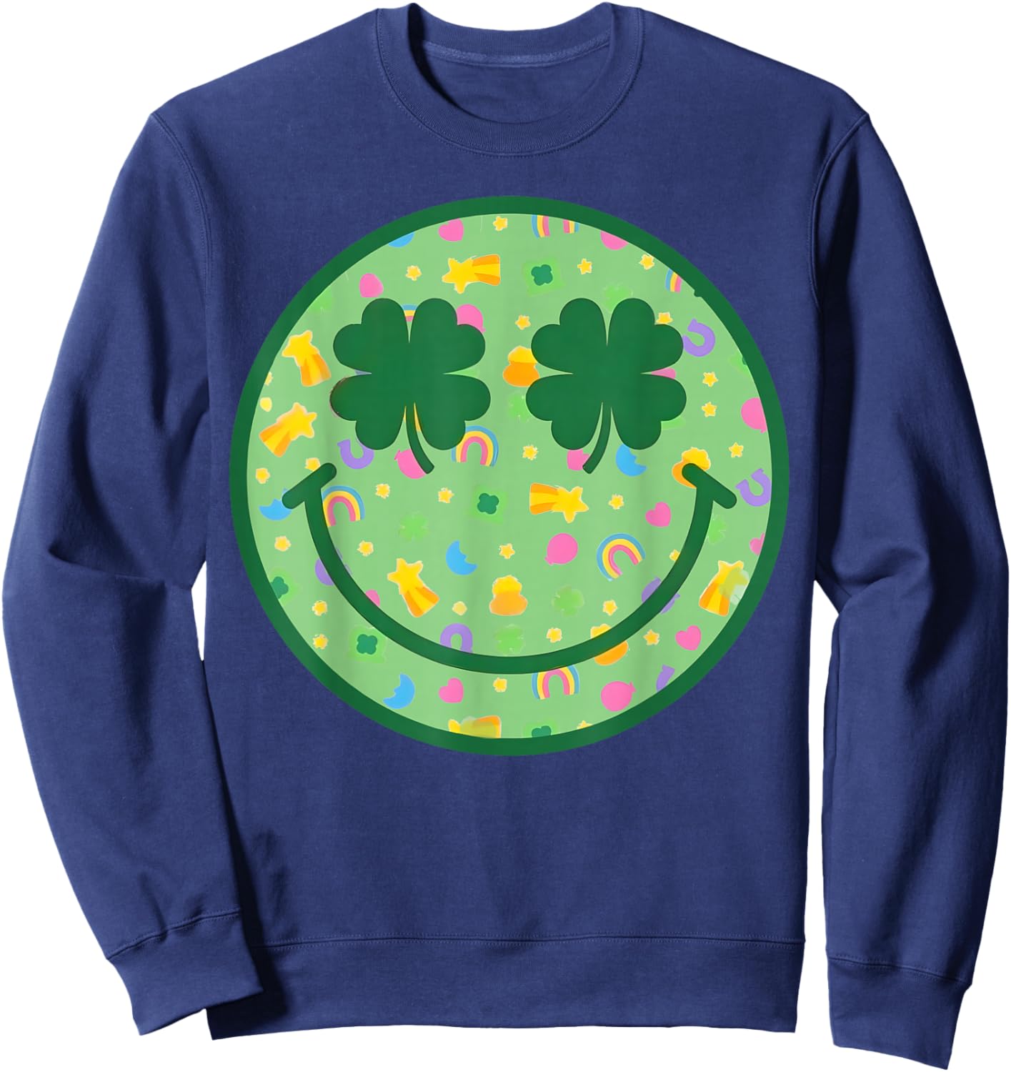 Groovy Shamrock Smile Face St Patricks Day Men Kids Funny Sweatshirt - Sweatshirt | Navy