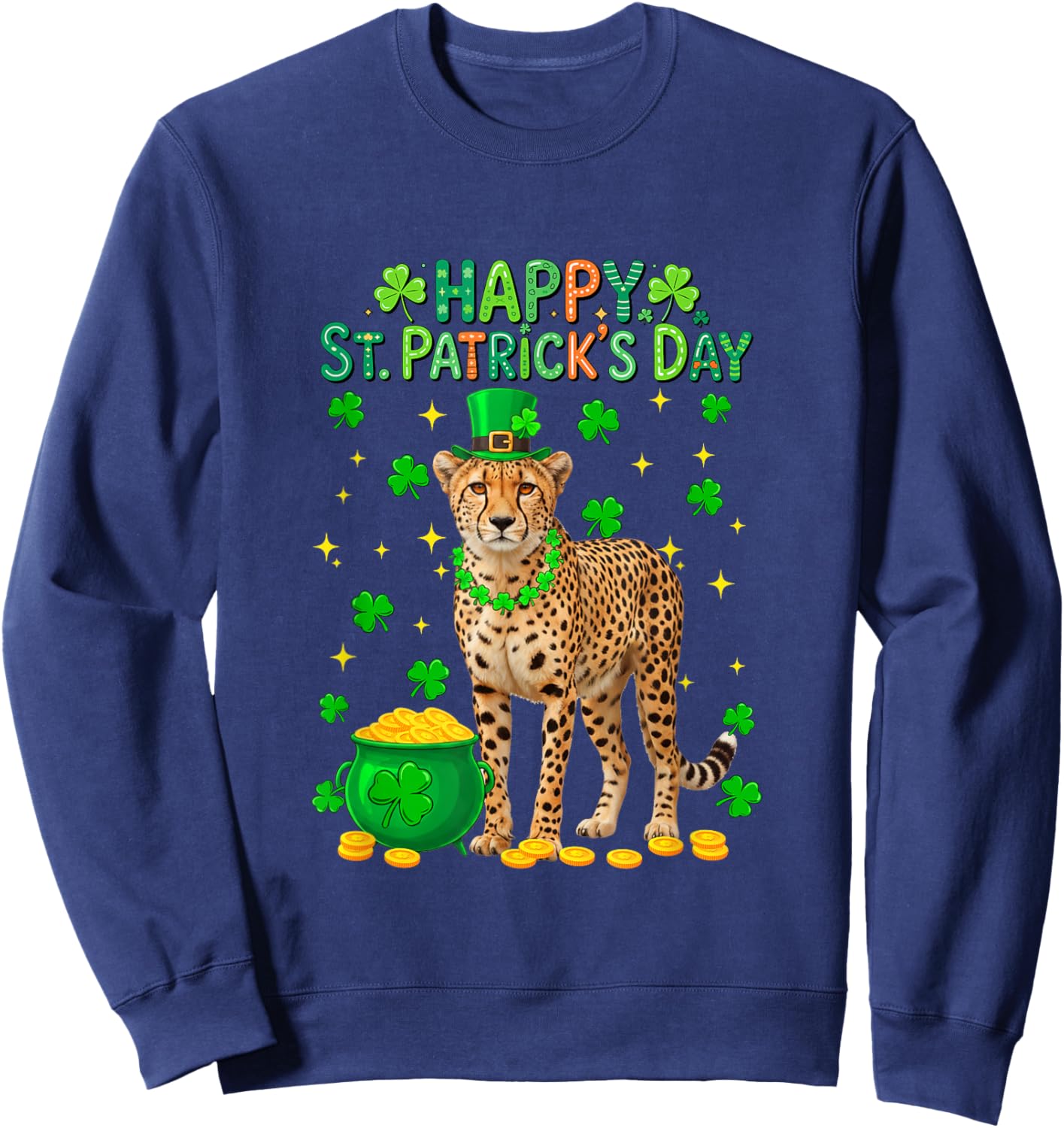 Happy St. Patrick's Day Cheetah Shamrocks Coins Lover Kids Sweatshirt - Sweatshirt | Navy