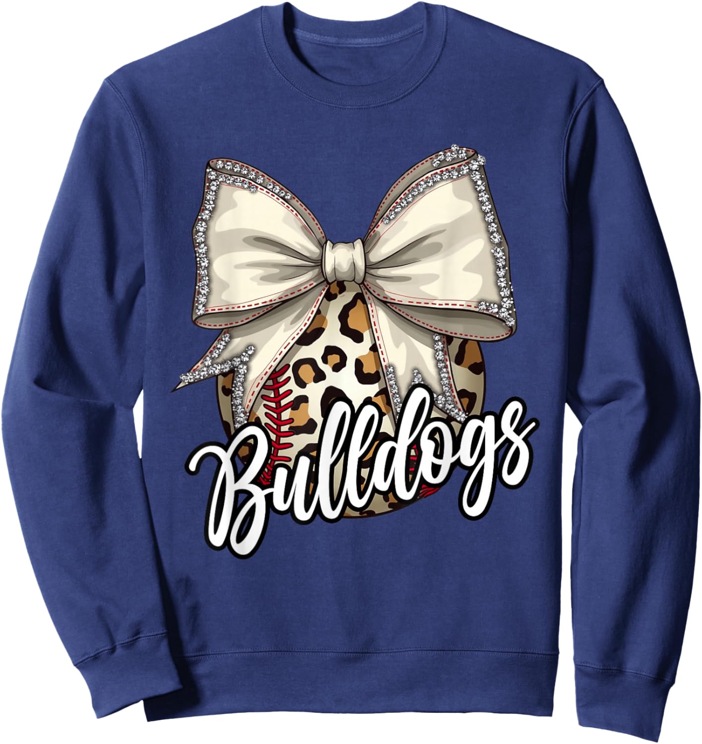 Bulldogs Baseball Mom Leopard Print Coquette Bow Mascot Sweatshirt - Sweatshirt | Navy