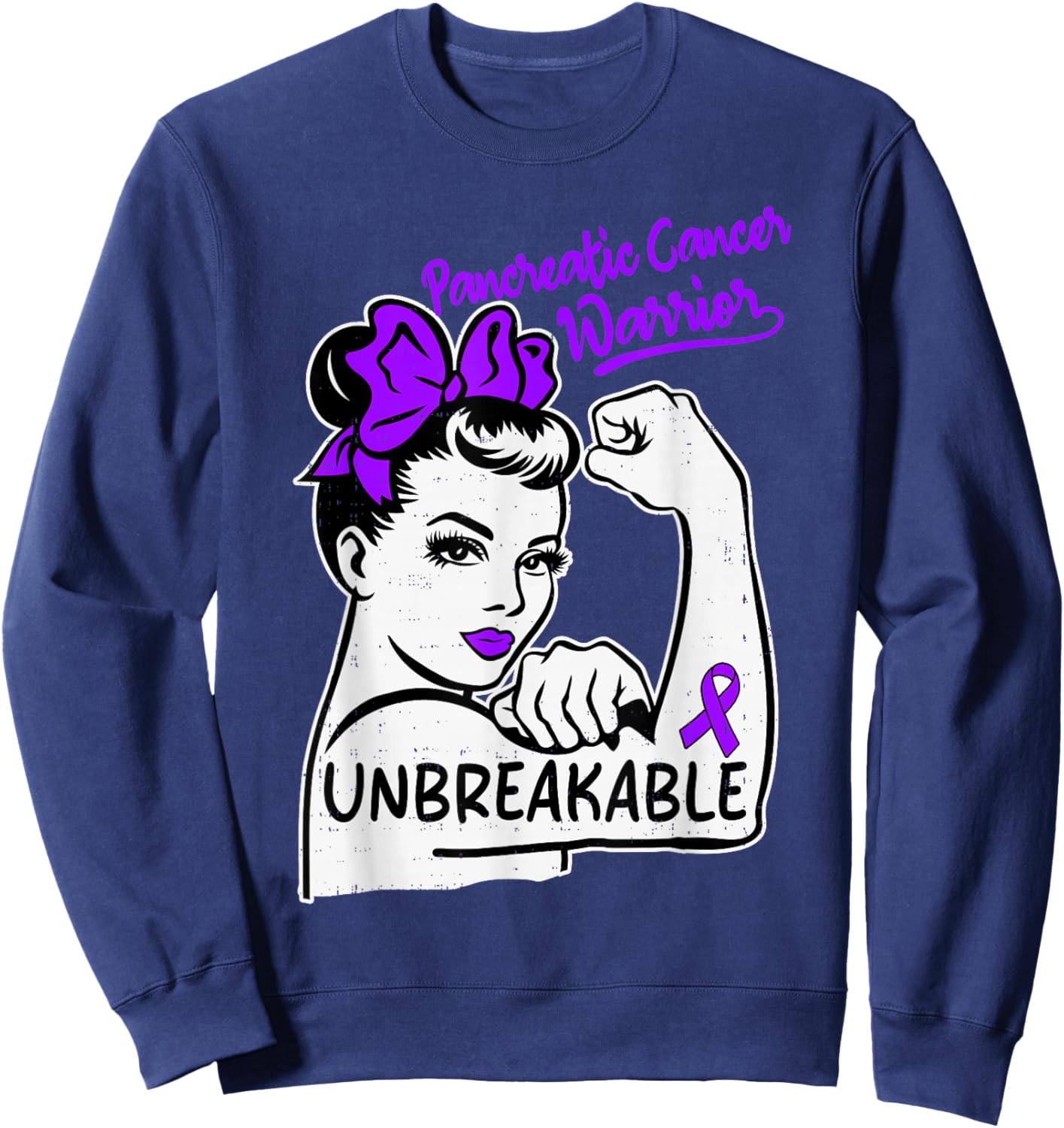Pancreatic Cancer Warrior Awareness Ribbon Purple Sweatshirt - Sweatshirt | Navy
