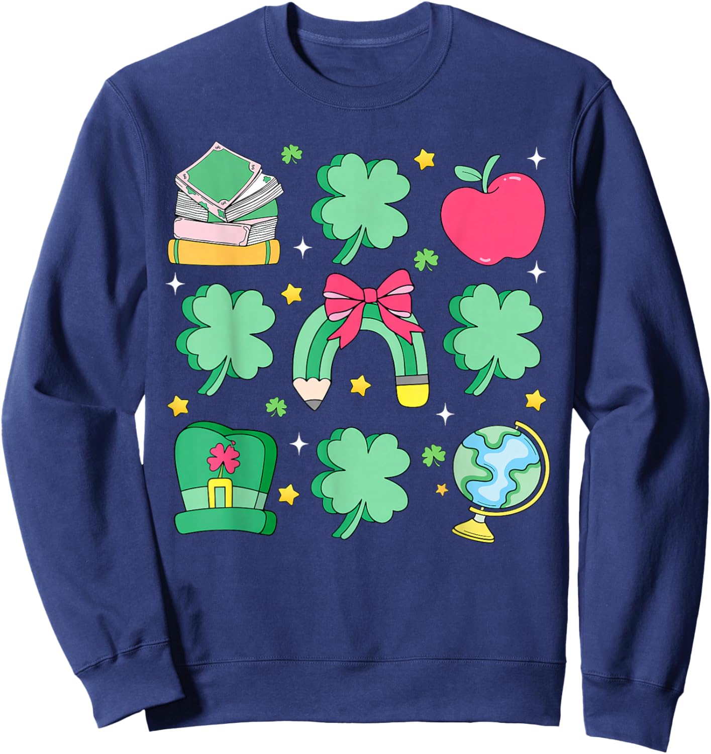 St Patrick's Day Lucky Teacher Shamrock Coquette Bow Pencil Sweatshirt - Sweatshirt | Navy