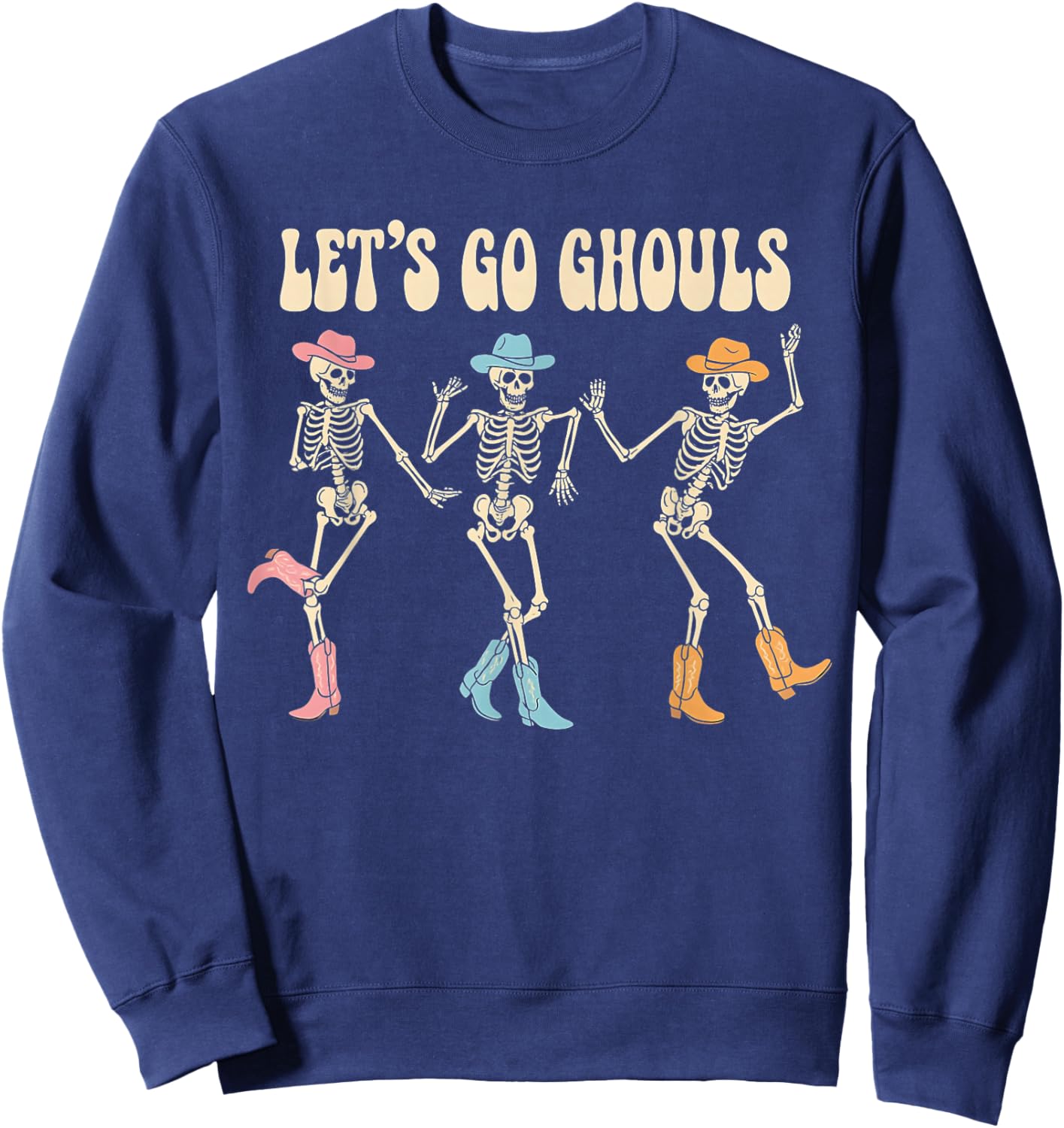 Let's Go Ghouls Women Halloween Dancing Skeleton Ghost Sweatshirt - Sweatshirt | Navy