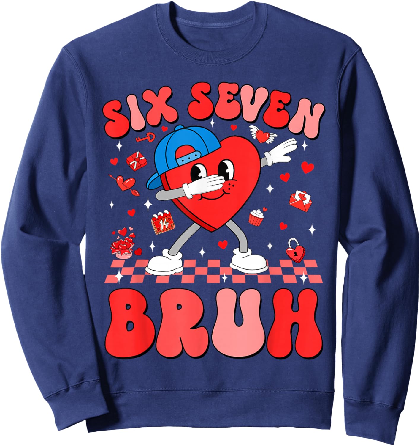 Valentines Day Six Seven Bruh 6 7 Meme Dab Heart Boys Kids Sweatshirt - Sweatshirt | Navy