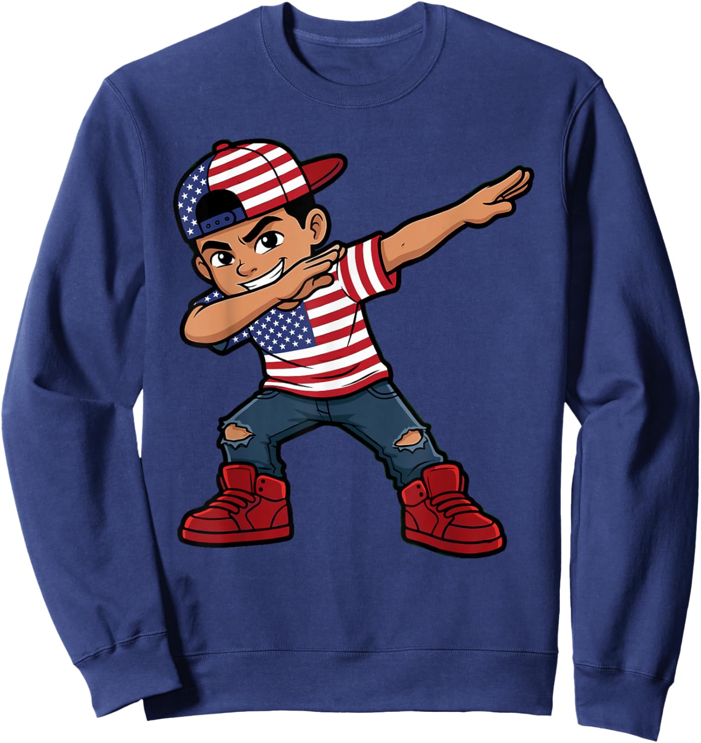 USA Pride Patriotic Dabbing Boy Wearing United States Flag Sweatshirt - Sweatshirt | Navy