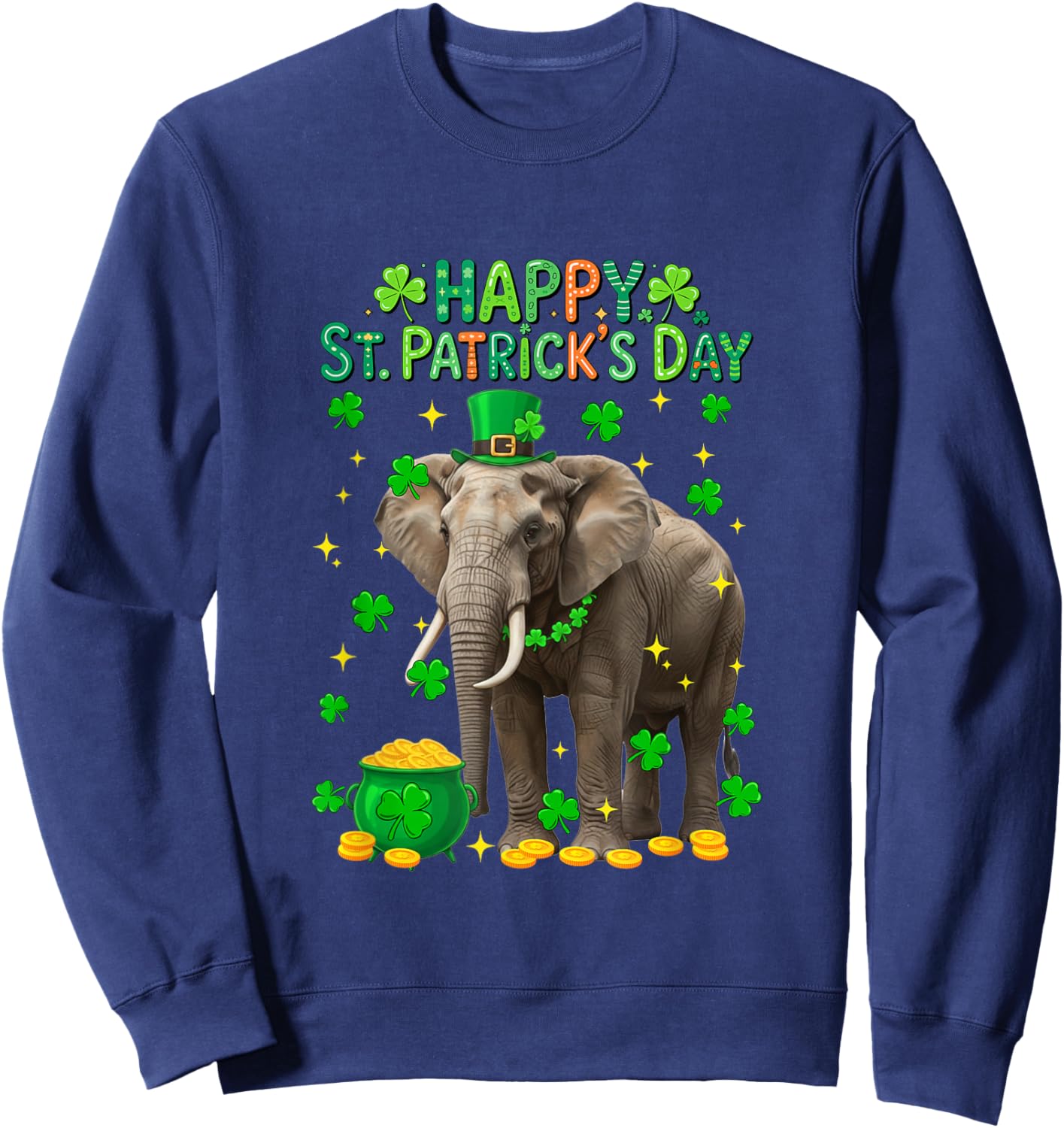 Happy St. Patrick's Day Elephant Shamrocks Coins Lover Kids Sweatshirt - Sweatshirt | Navy