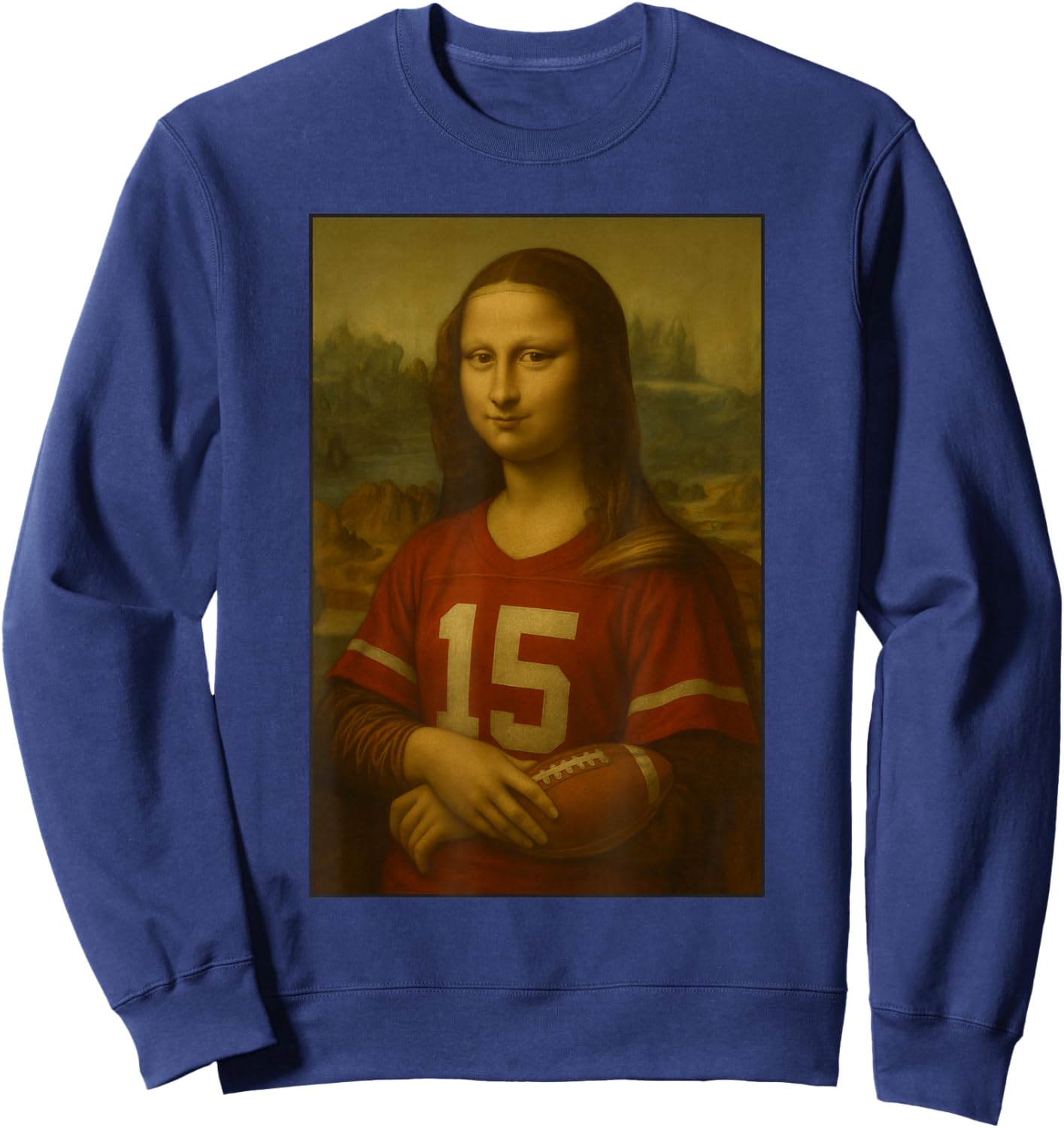 Mona Lisa Holding Football Vintage Sports Art Funny Sweatshirt - Sweatshirt | Navy