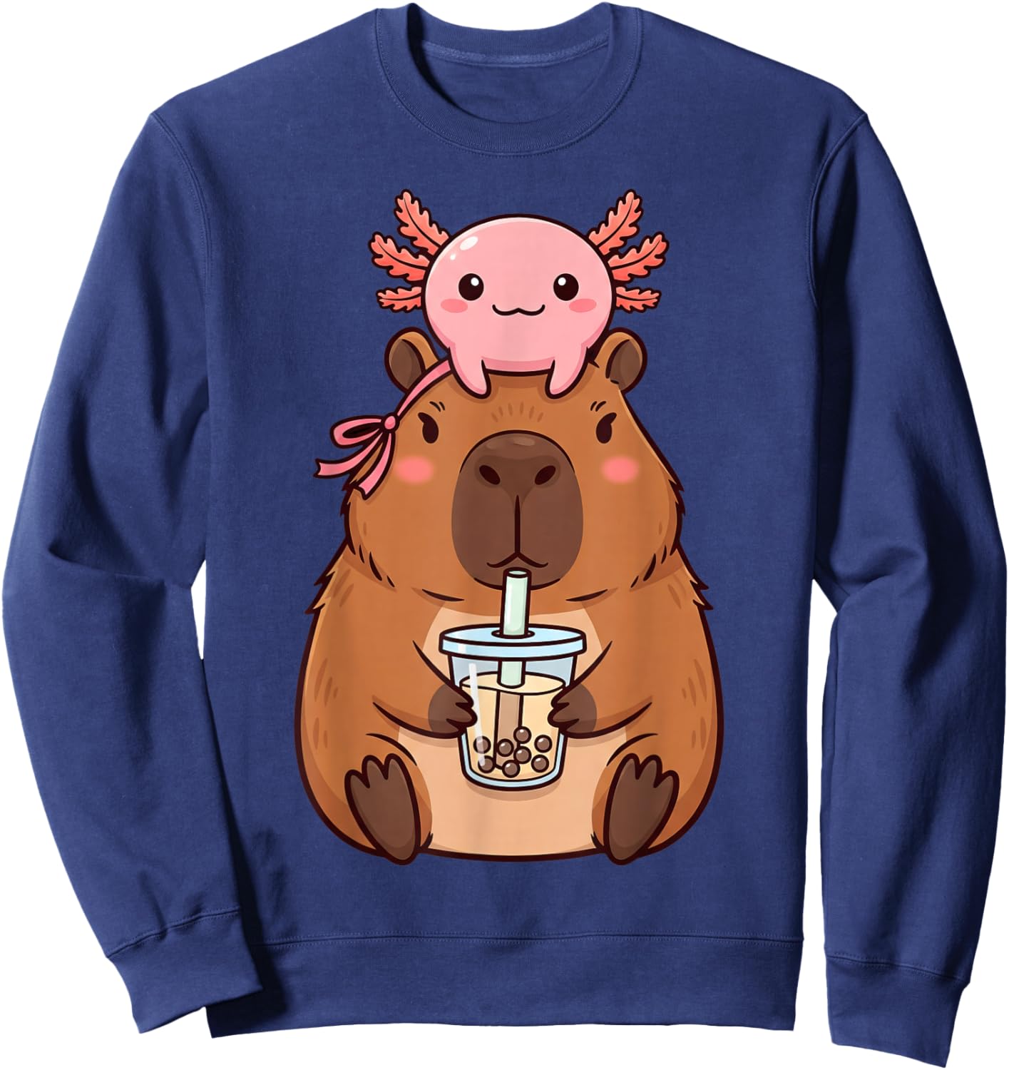 Cute Capybara Drinking Boba Tea Kawaii Axolotl Bubble Tea Sweatshirt - Sweatshirt | Navy