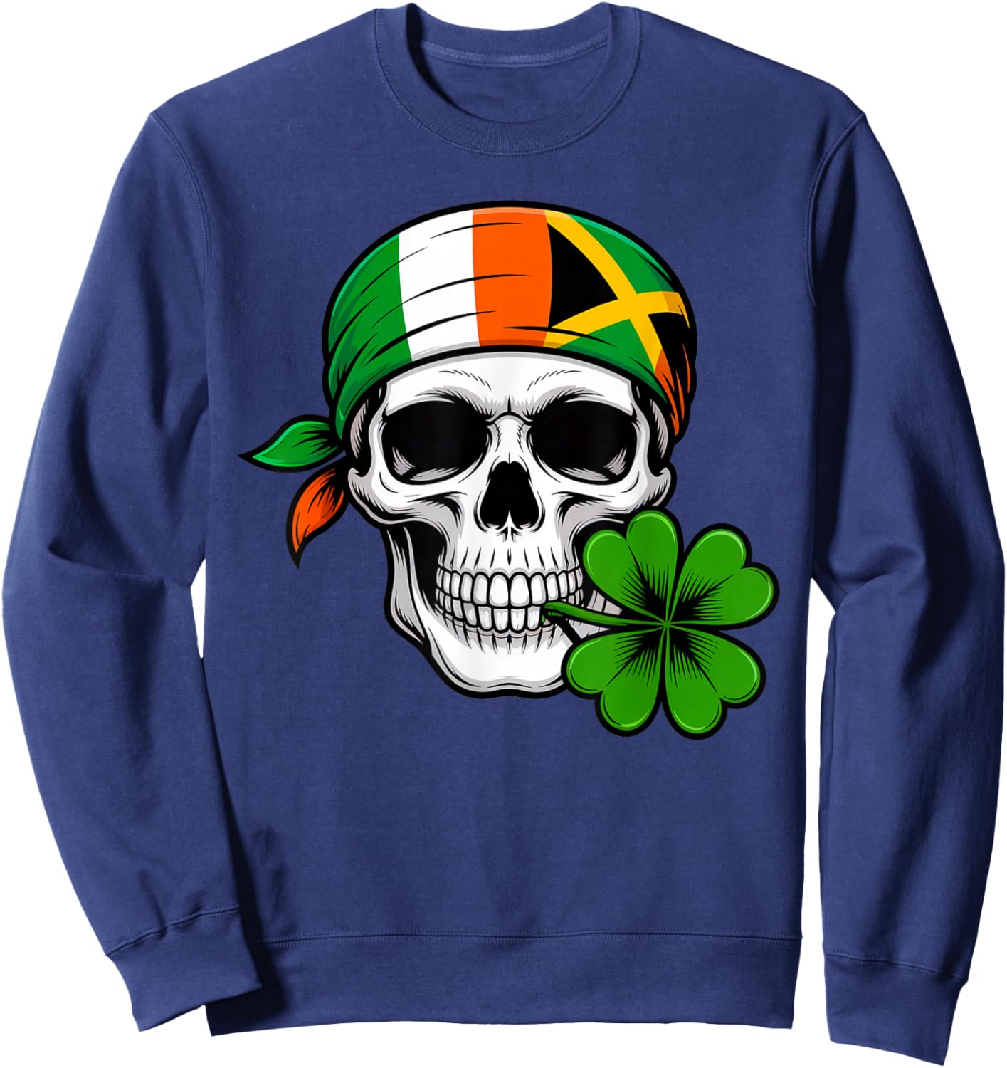 St Patrick's Day Irish Jamaican Skull Shamrock and Bandana Sweatshirt - Sweatshirt | Navy