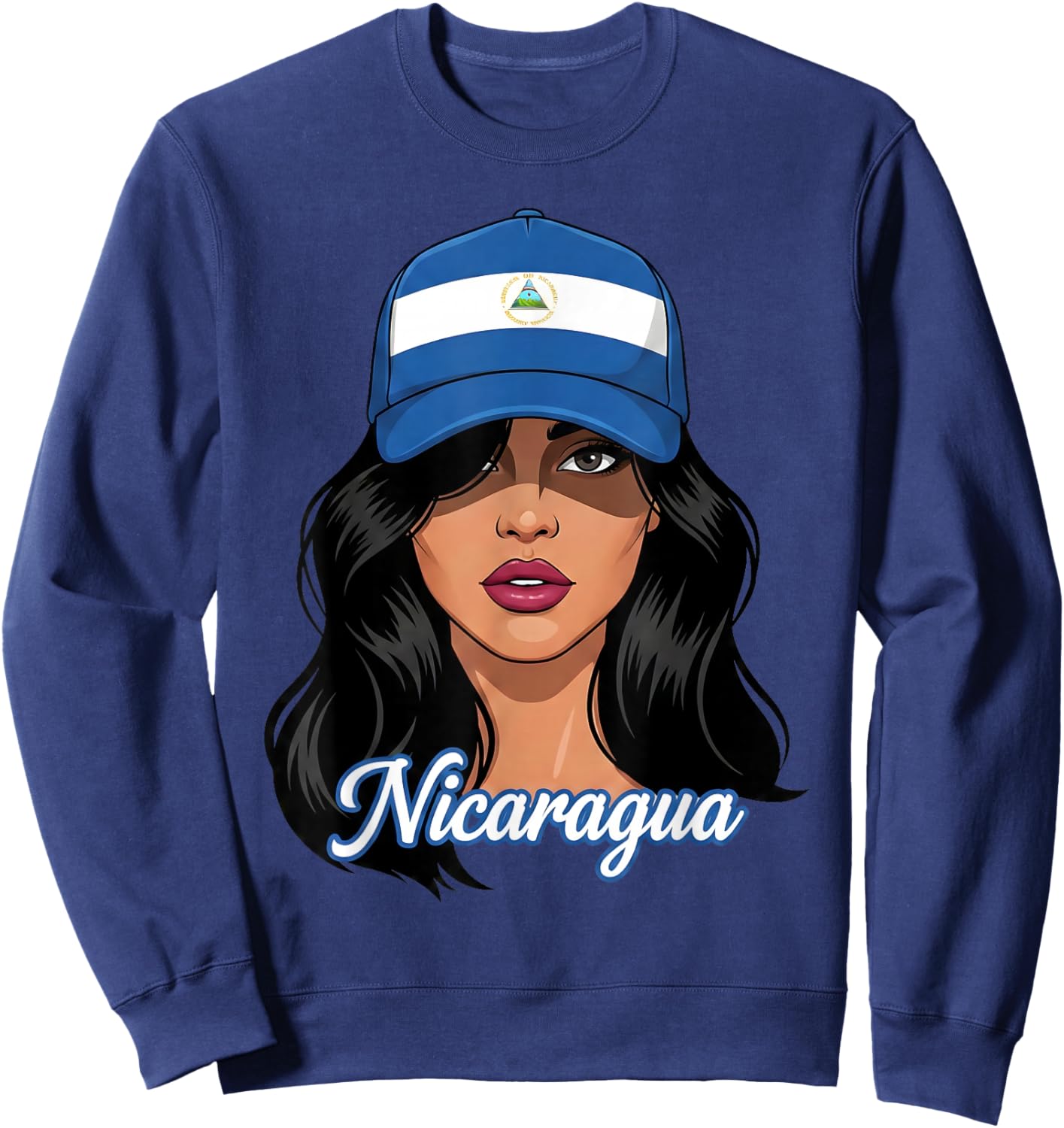 Nicaraguan Woman Girl Wearing Nicaragua Flag Baseball Cap Sweatshirt - Sweatshirt | Navy