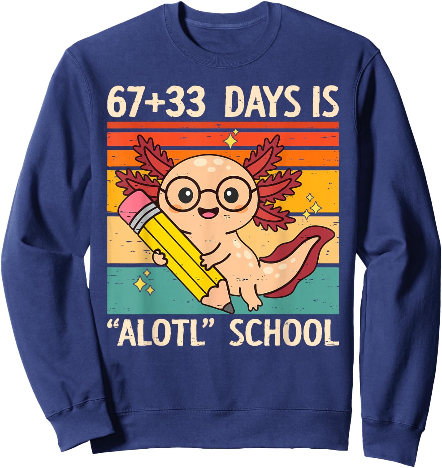 67+33 Days is Alotl School Axolotl 100 Days of School Kids Sweatshirt - Sweatshirt | Navy