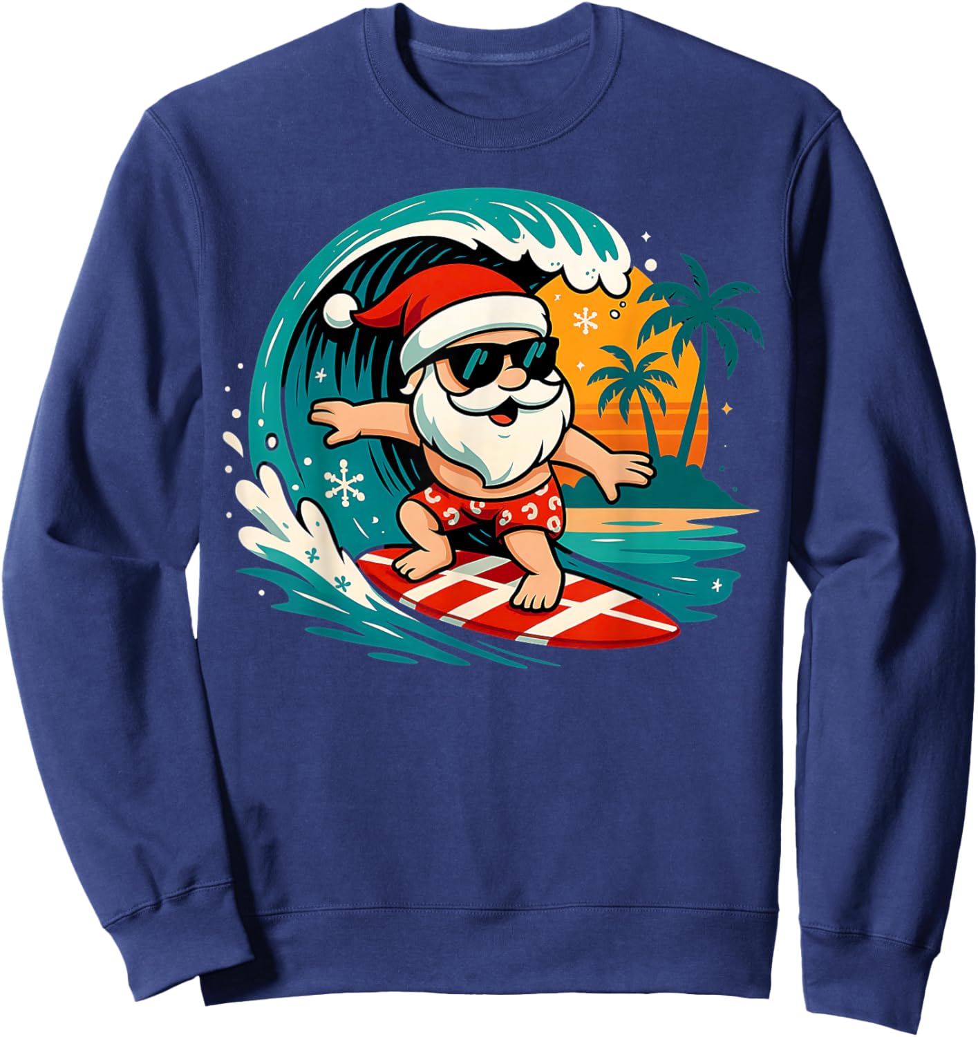 Santa Surfing Hawaiian Beach Christmas in July Tropical Xmas Sweatshirt - Sweatshirt | Navy