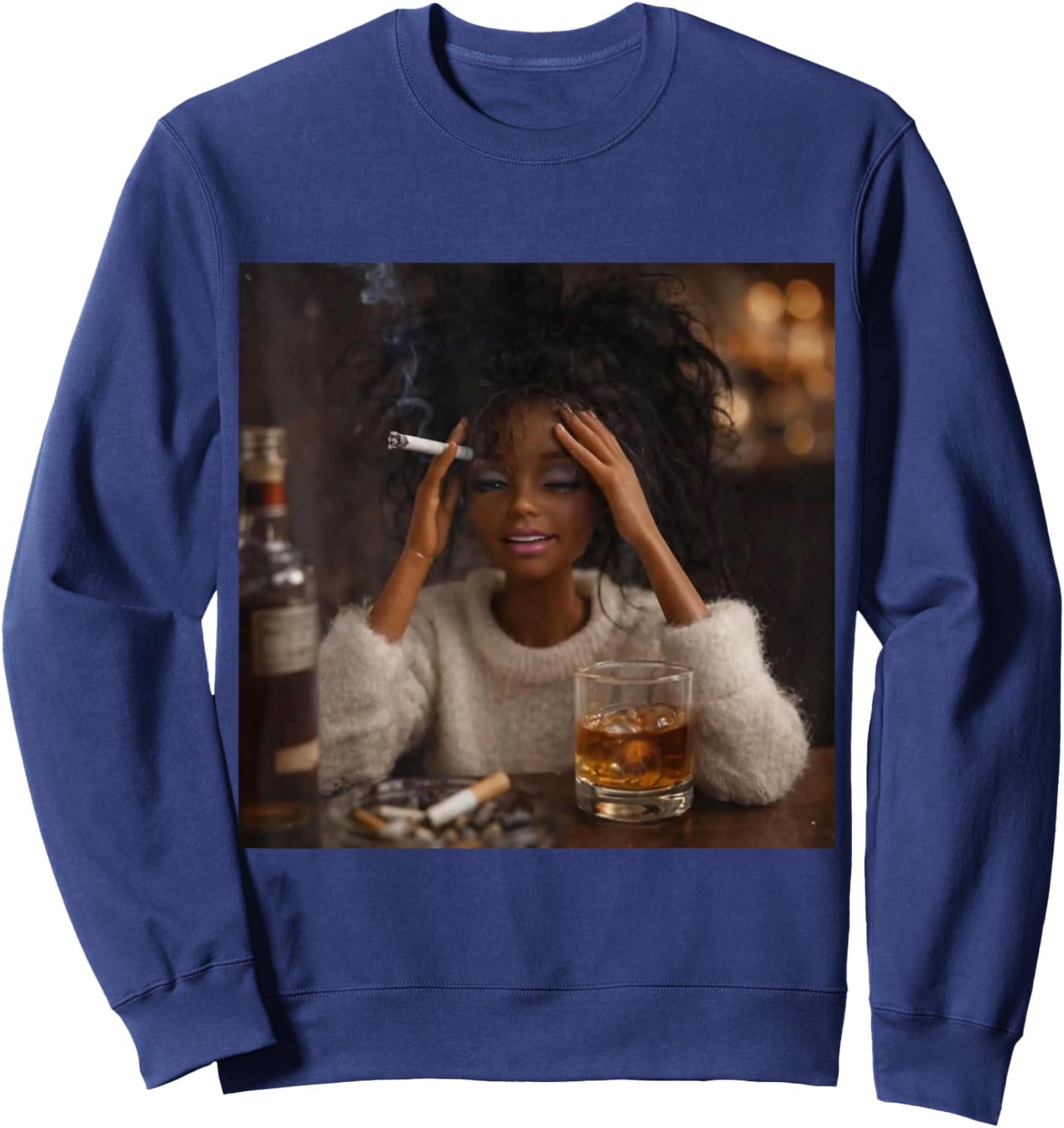 Funny Distressed Doll Face Meme Smoking Sarcastic Humor Gift Sweatshirt - Sweatshirt | Navy