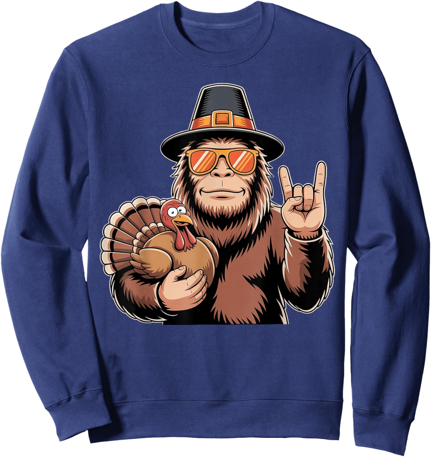 Thanksgiving Bigfoot Turkey Rock n Roll Bigfoot Sasquatch Sweatshirt - Sweatshirt | Navy