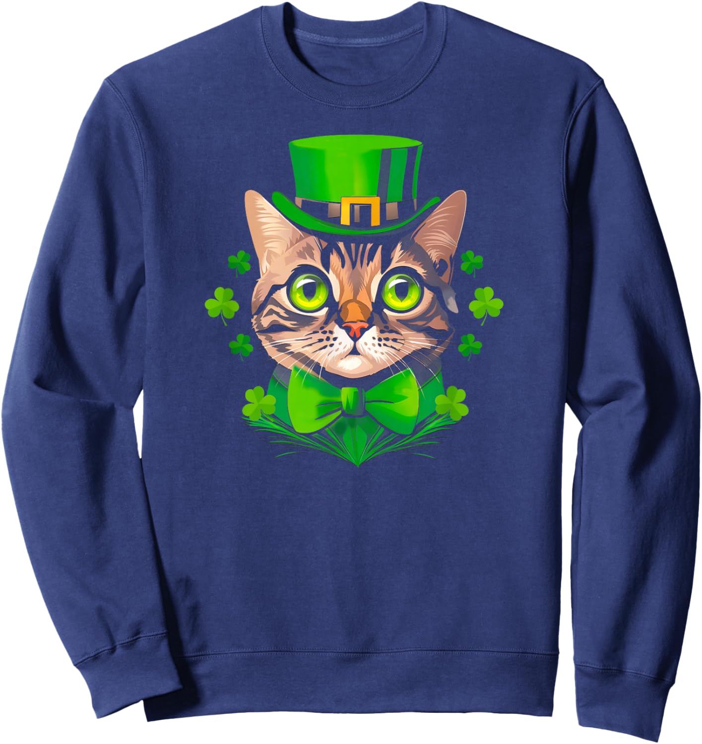 St Patricks Day Shamrock Cat Saint Pattys Women Girls Kids Sweatshirt - Sweatshirt | Navy