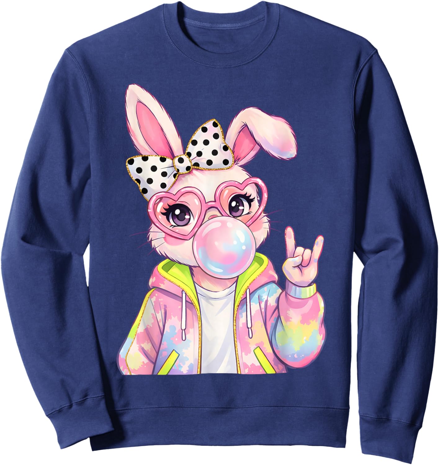 Bunny Face with Tie Dye Glasses Happy Easter Day Girl Women Sweatshirt - Sweatshirt | Navy