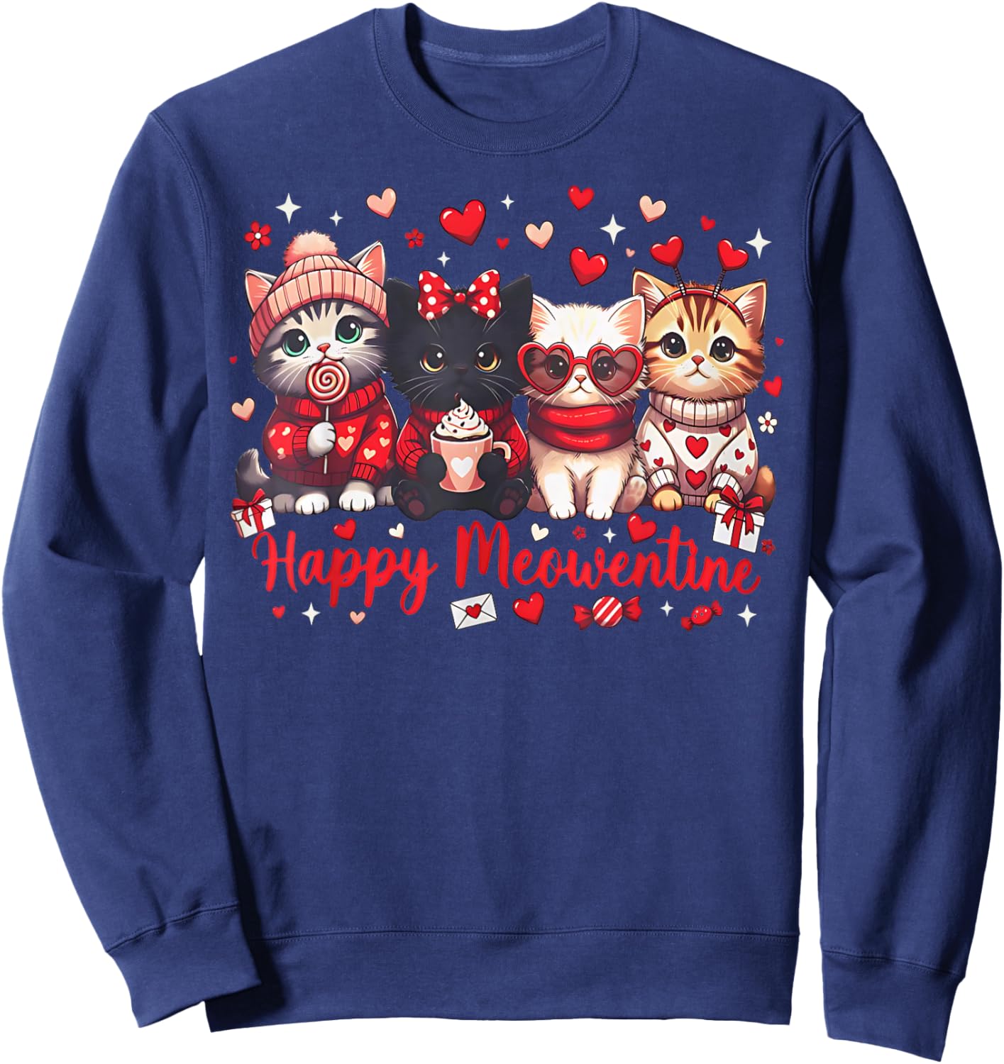 Happy Meowentines Cute Valentine Cat Lovers Girls Women Kid Sweatshirt - Sweatshirt | Navy