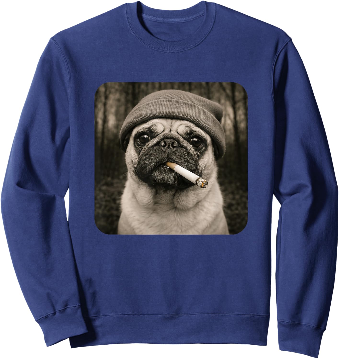 Funny Smoking Pug Dog Meme Cigarette Grunge Beanie Cigarette Sweatshirt - Sweatshirt | Navy