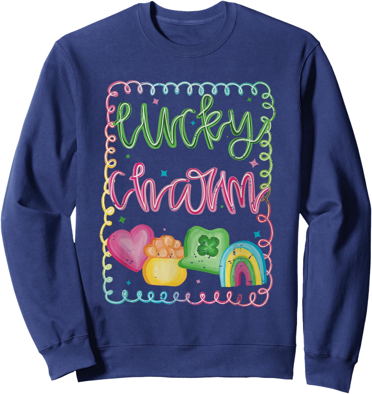 Retro Lucky Charm Rainbow Clover Irish Girly St Patricks Day Sweatshirt - Sweatshirt | Navy