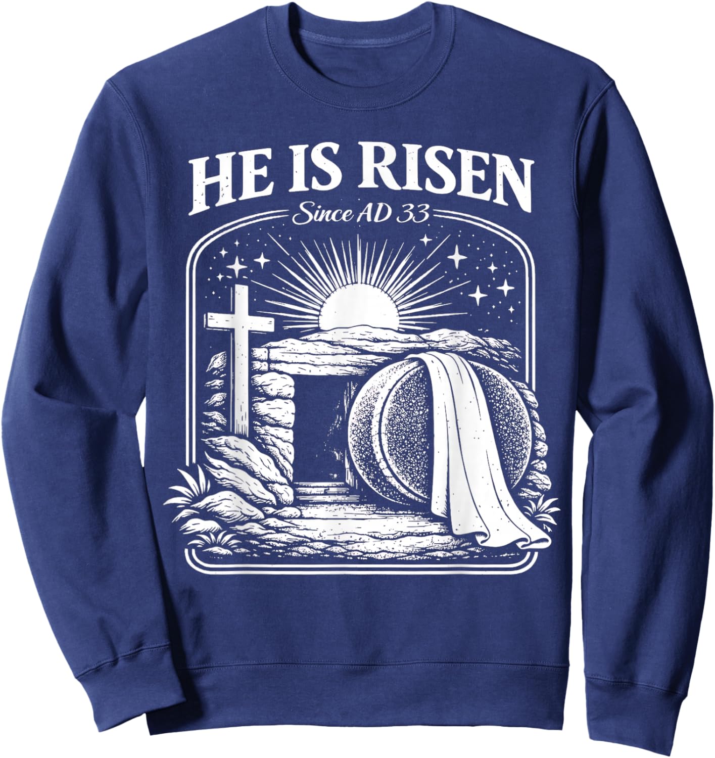 Retro Easter Christian He is Risen The Stone was Rolled Away Sweatshirt - Sweatshirt | Navy