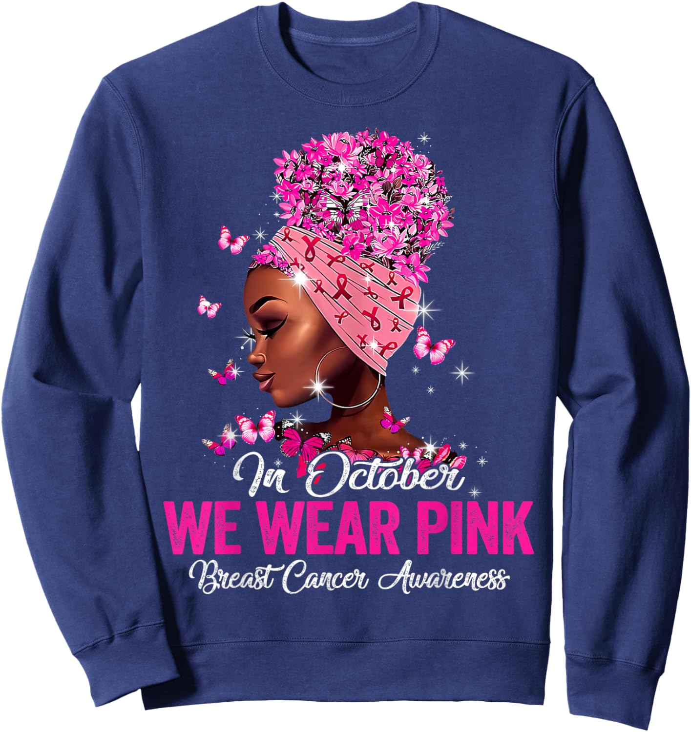 in October We Wear Pink Black Women Breast Cancer Awareness Sweatshirt - Sweatshirt | Navy