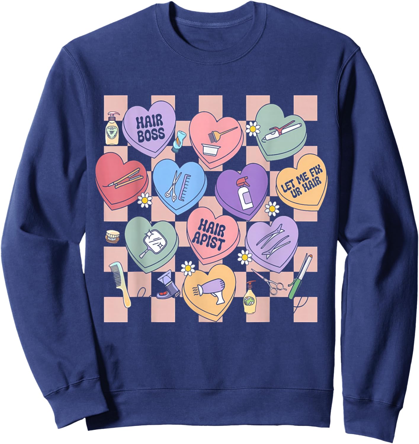 Checkered Hairstylist Heart Candy Valentines Hairdresser Sweatshirt - Sweatshirt | Navy