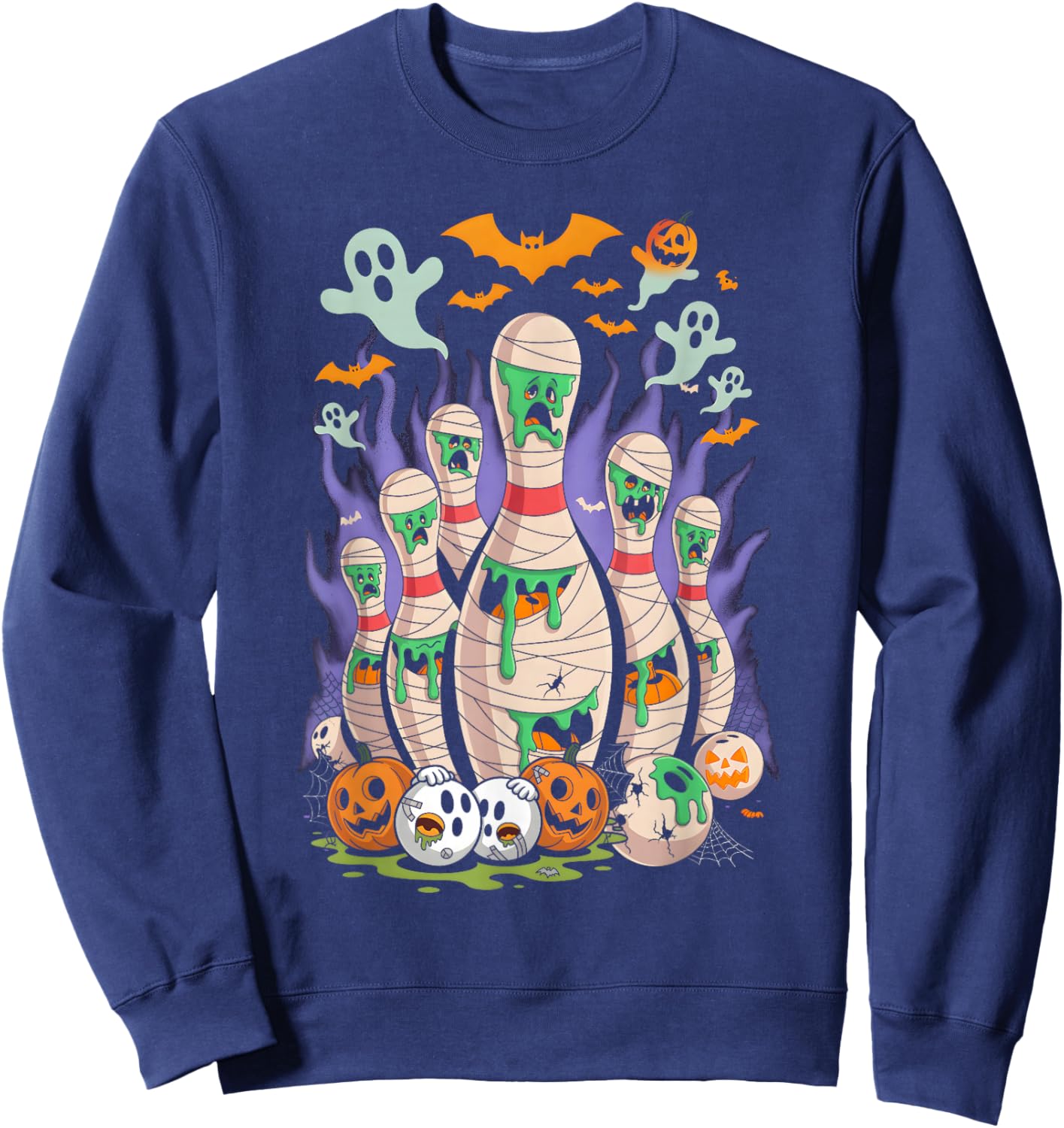 Cartoon Bowling Scared Bowling Pins Sport Bowler Halloween Sweatshirt - Sweatshirt | Navy
