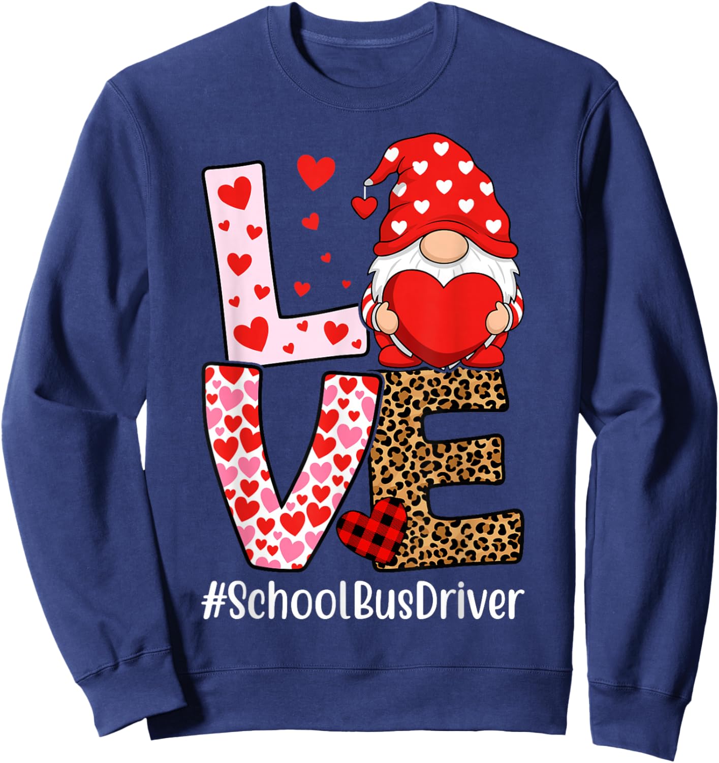 School Bus Driver Love Gnome Heart Valentine's Day Sweatshirt - Sweatshirt | Navy