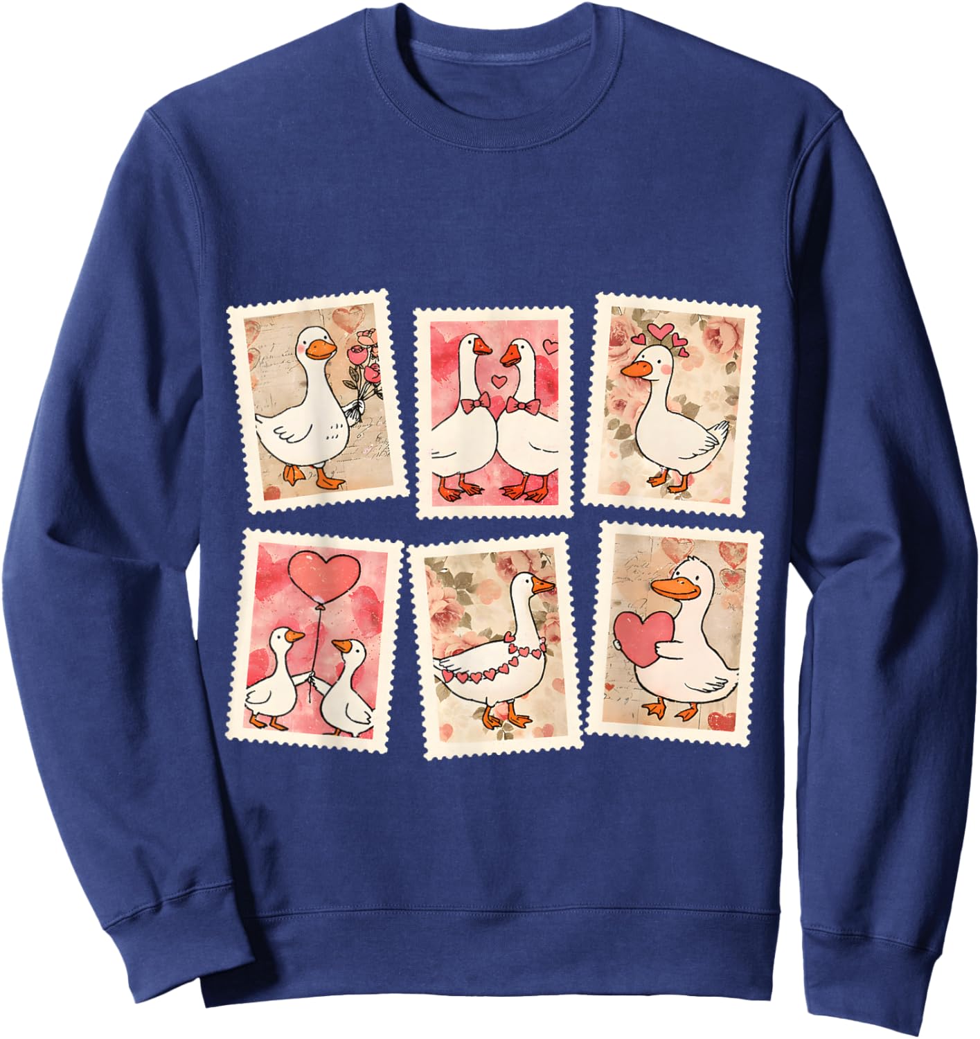 Vintage Valentine Goose XOXO Be Mine Love Stamps Silly Goose Sweatshirt - Sweatshirt | Navy
