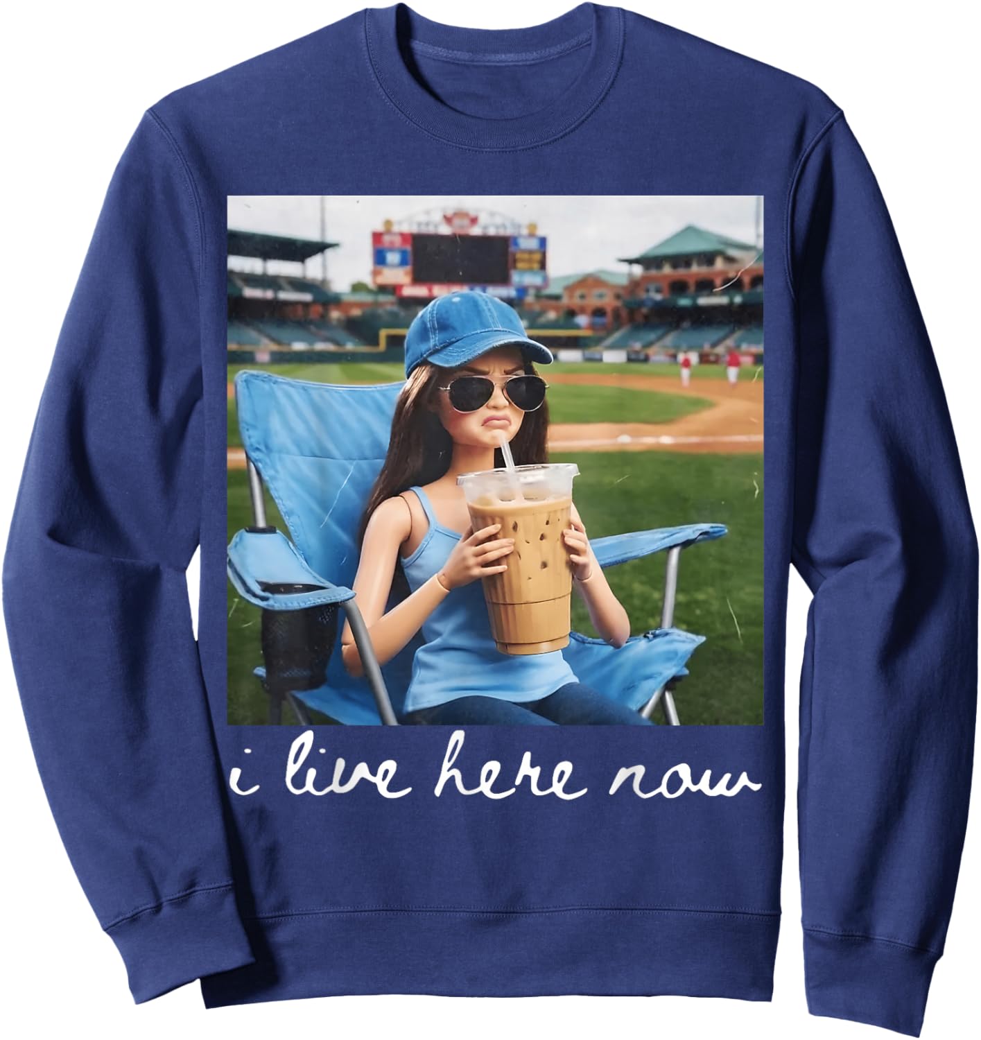 I Live Here Now Funny Ballfield Baseball Girl Softball Meme Sweatshirt - Sweatshirt | Navy