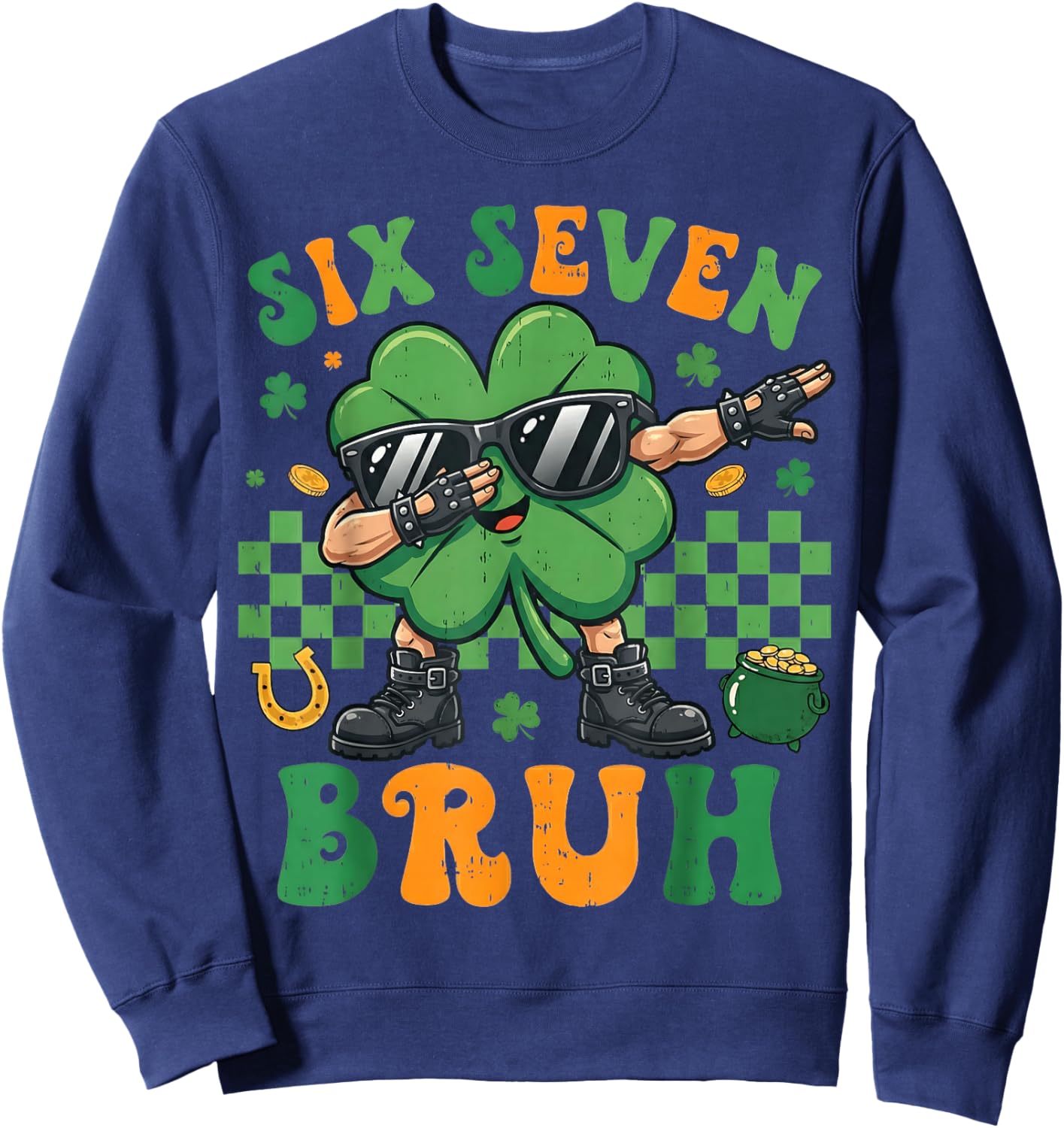 Six Seven Bruh St Patricks Day Boys Kids 67 Dabbing Shamrock Sweatshirt - Sweatshirt | Navy