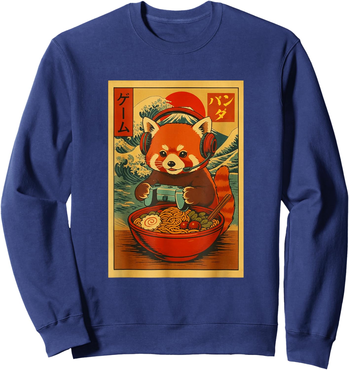 Red Panda Gaming Ramen Japanese Ukiyo-e Great Wave Retro Art Sweatshirt - Sweatshirt | Navy