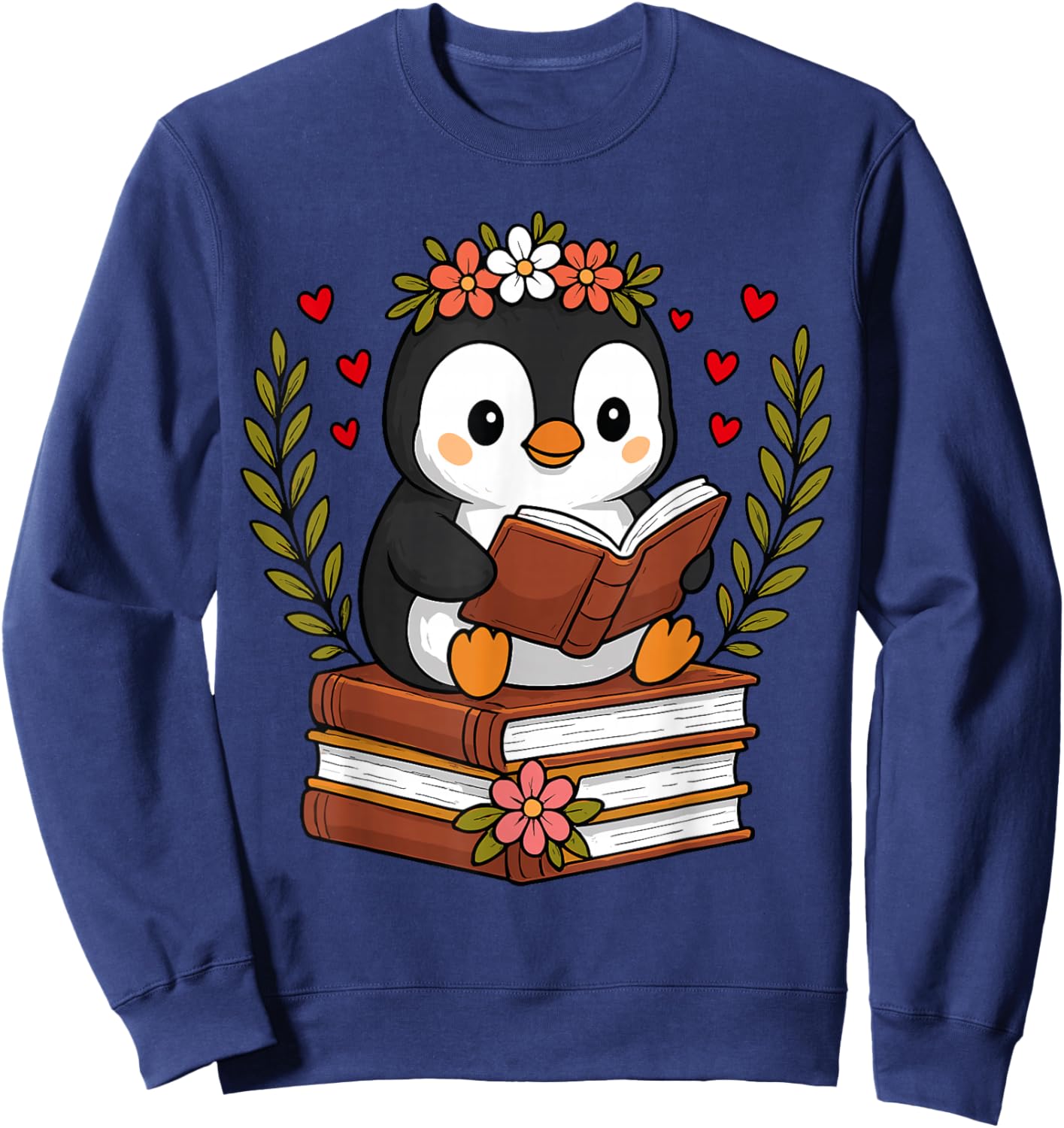 Penguin Reading Book Graphic Penguin with Book Floral Sweatshirt - Sweatshirt | Navy