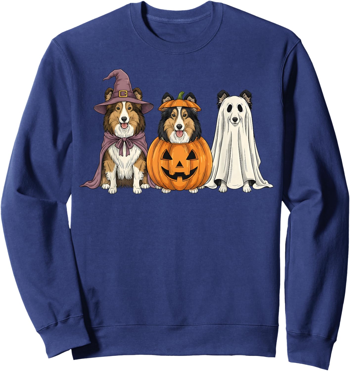 Spooky Ghost Shetland Sheepdog Pumpkin Halloween Dog Lover Sweatshirt - Sweatshirt | Navy