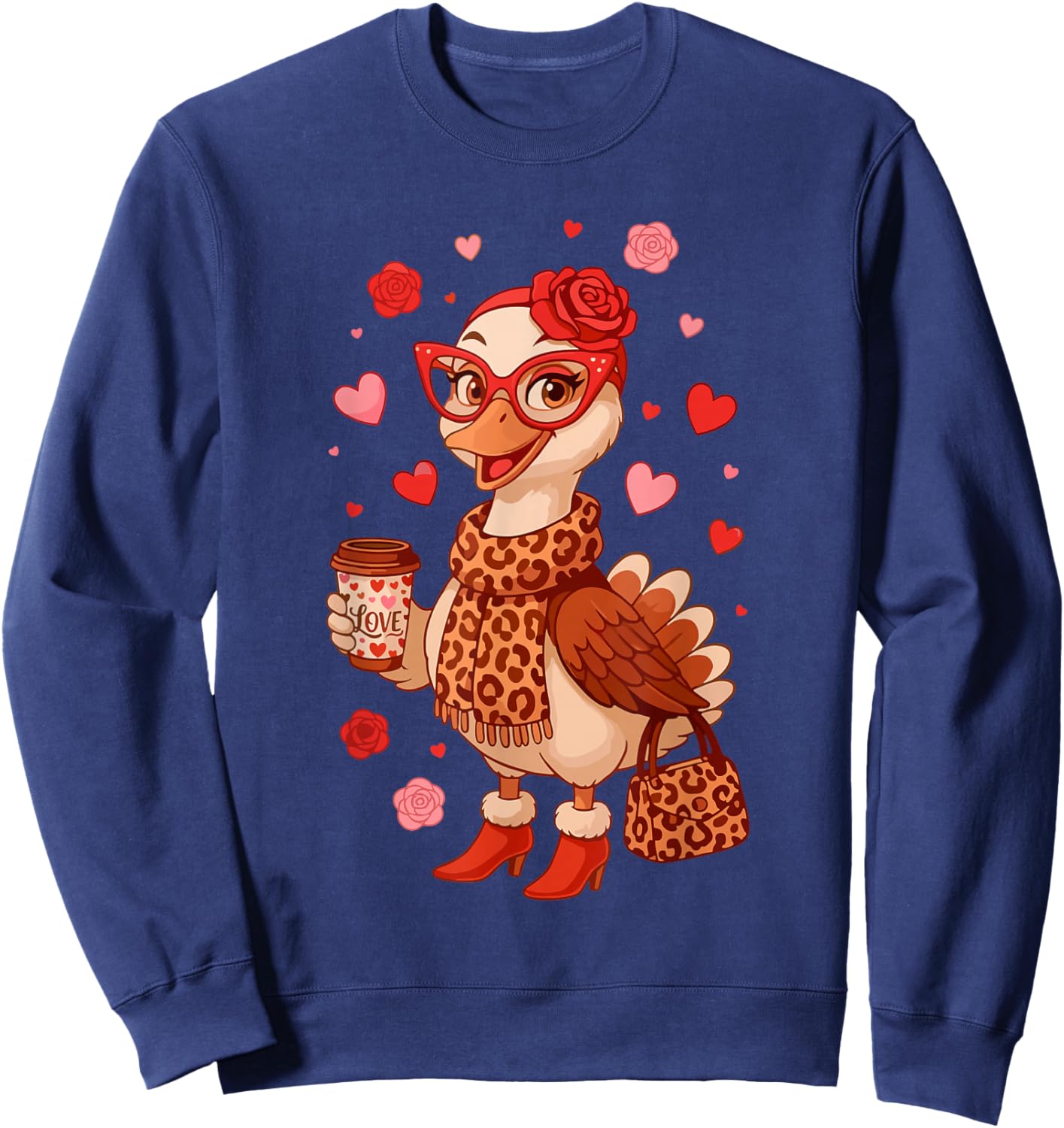 Valentine Goose Leopard Heart Retro Sweatshirt - Sweatshirt | Navy