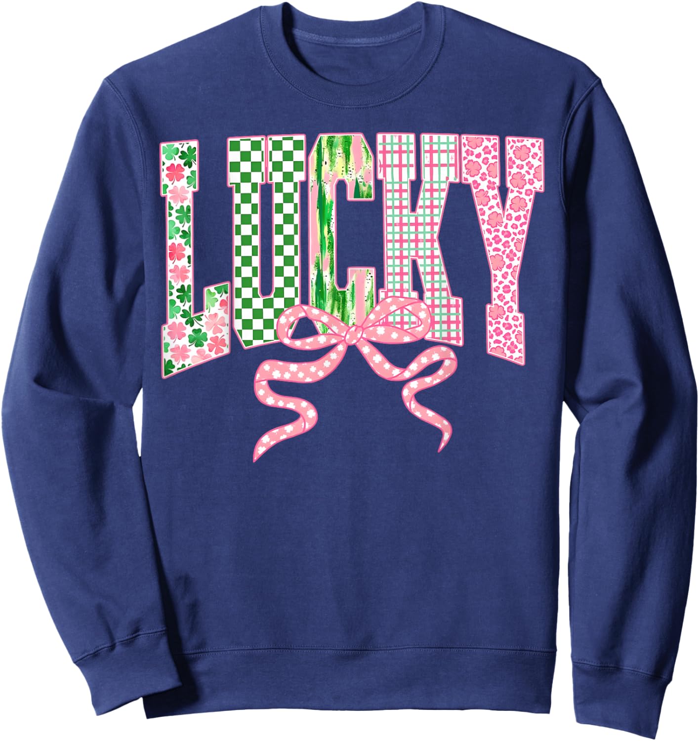 Retro Lucky Patricks Day Coquette Bow Shamrock Women Girls Sweatshirt - Sweatshirt | Navy