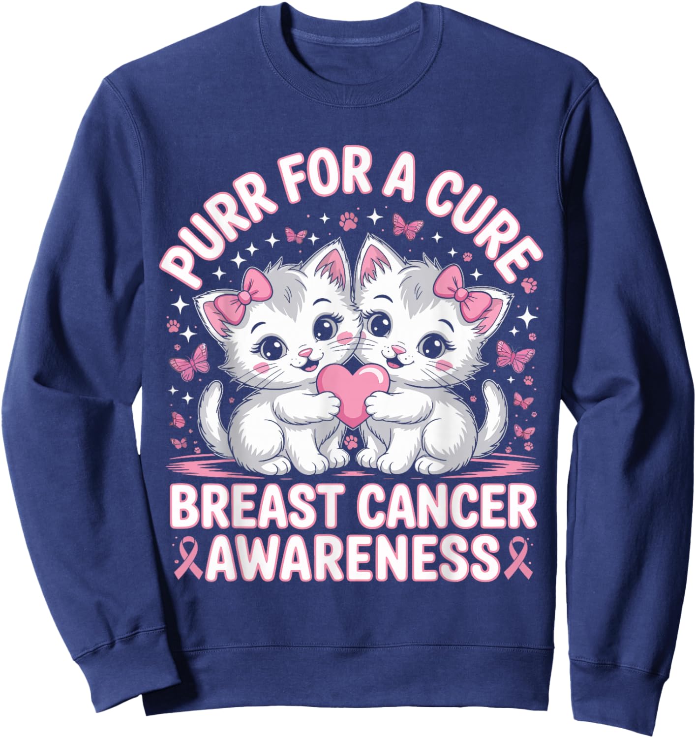 Purr for A Cure – Cute Cat Breast Cancer Awareness Support Sweatshirt - Sweatshirt | Navy