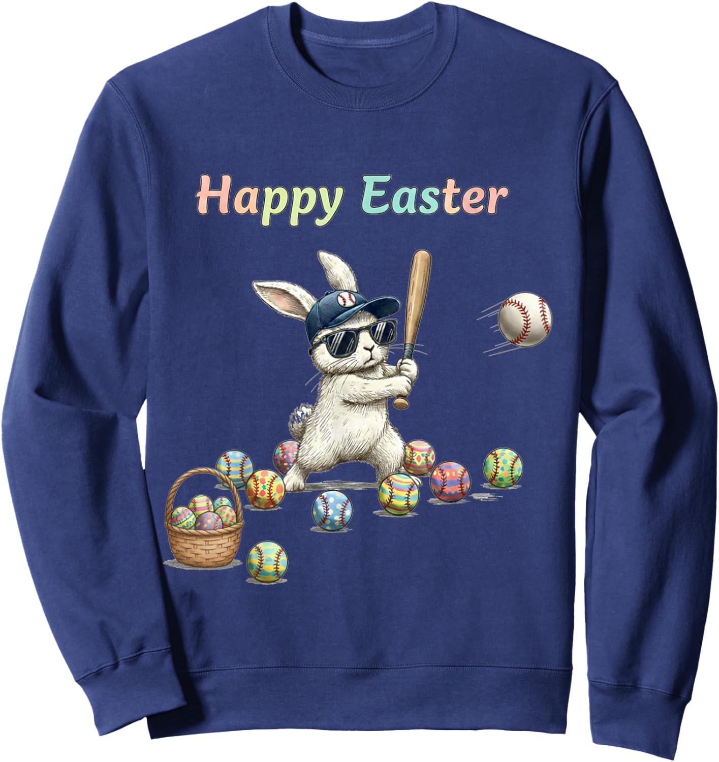Happy Easter Bunny Playing Baseball Easter Rabbit Sport Sweatshirt - Sweatshirt | Navy