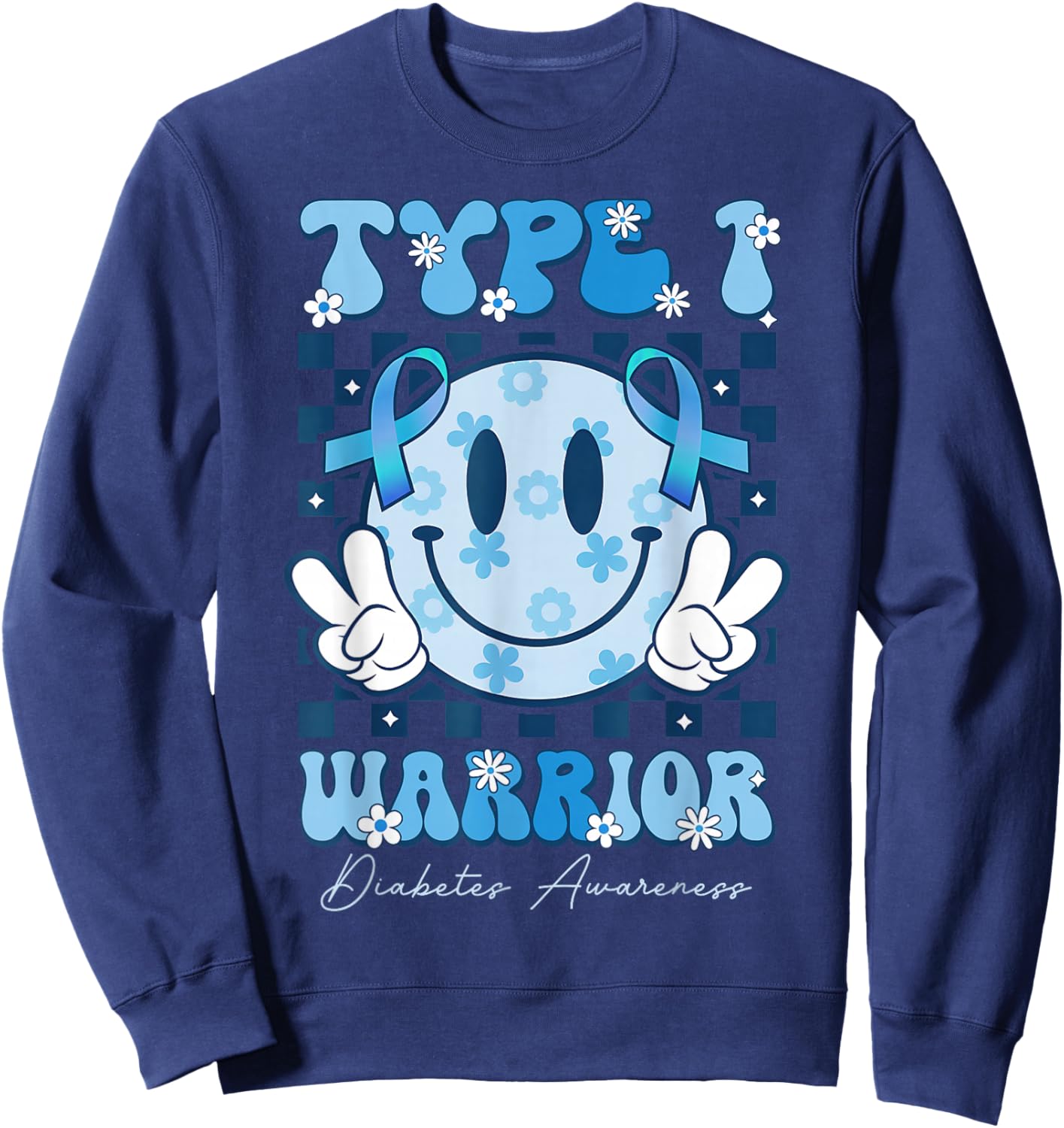 T1D Warrior Type 1 Diabetes Awareness Blue Ribbon Cute Face Sweatshirt - Sweatshirt | Navy