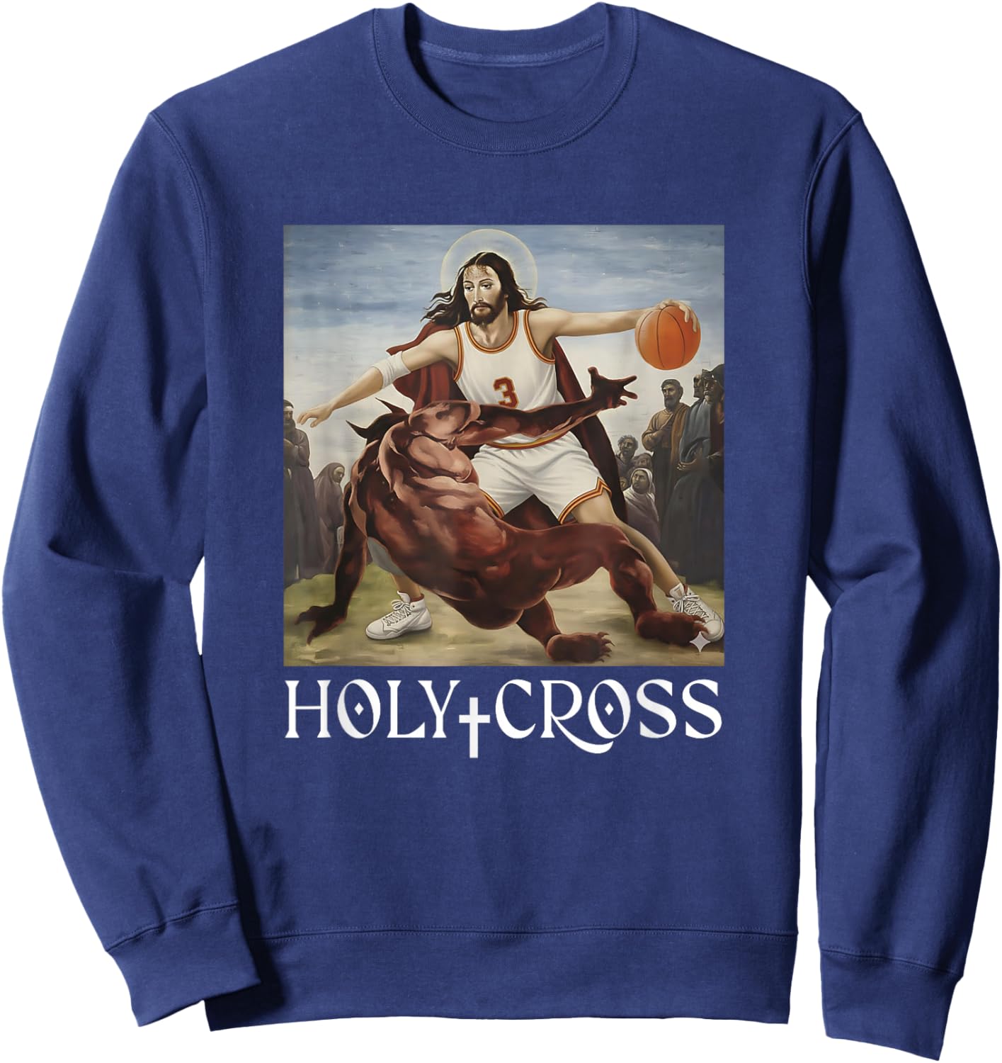 Funny Holy Cross Jesus Crossing Satan Basketball Christian Sweatshirt - Sweatshirt | Navy