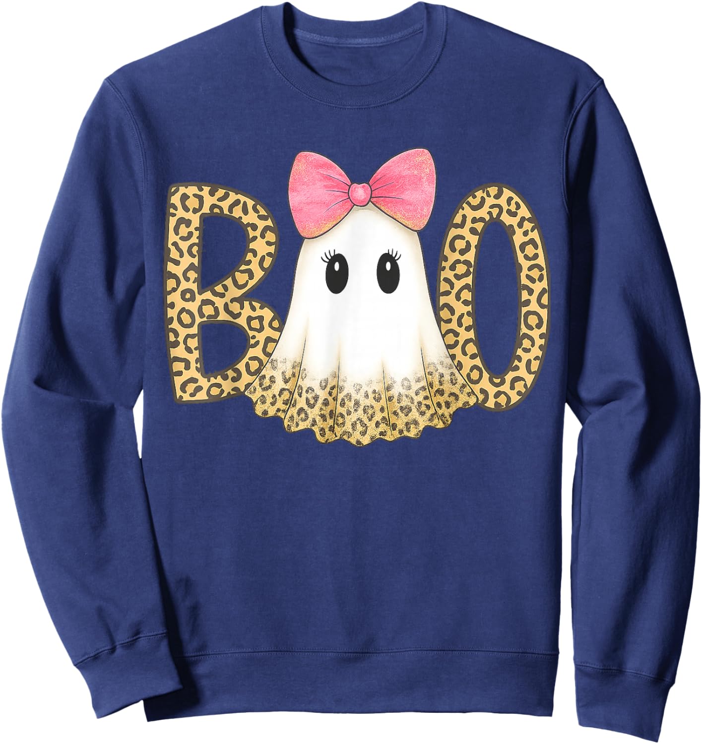 Cute Leopard Print Boo Ghost with Pink Bow Halloween Sweatshirt - Sweatshirt | Navy