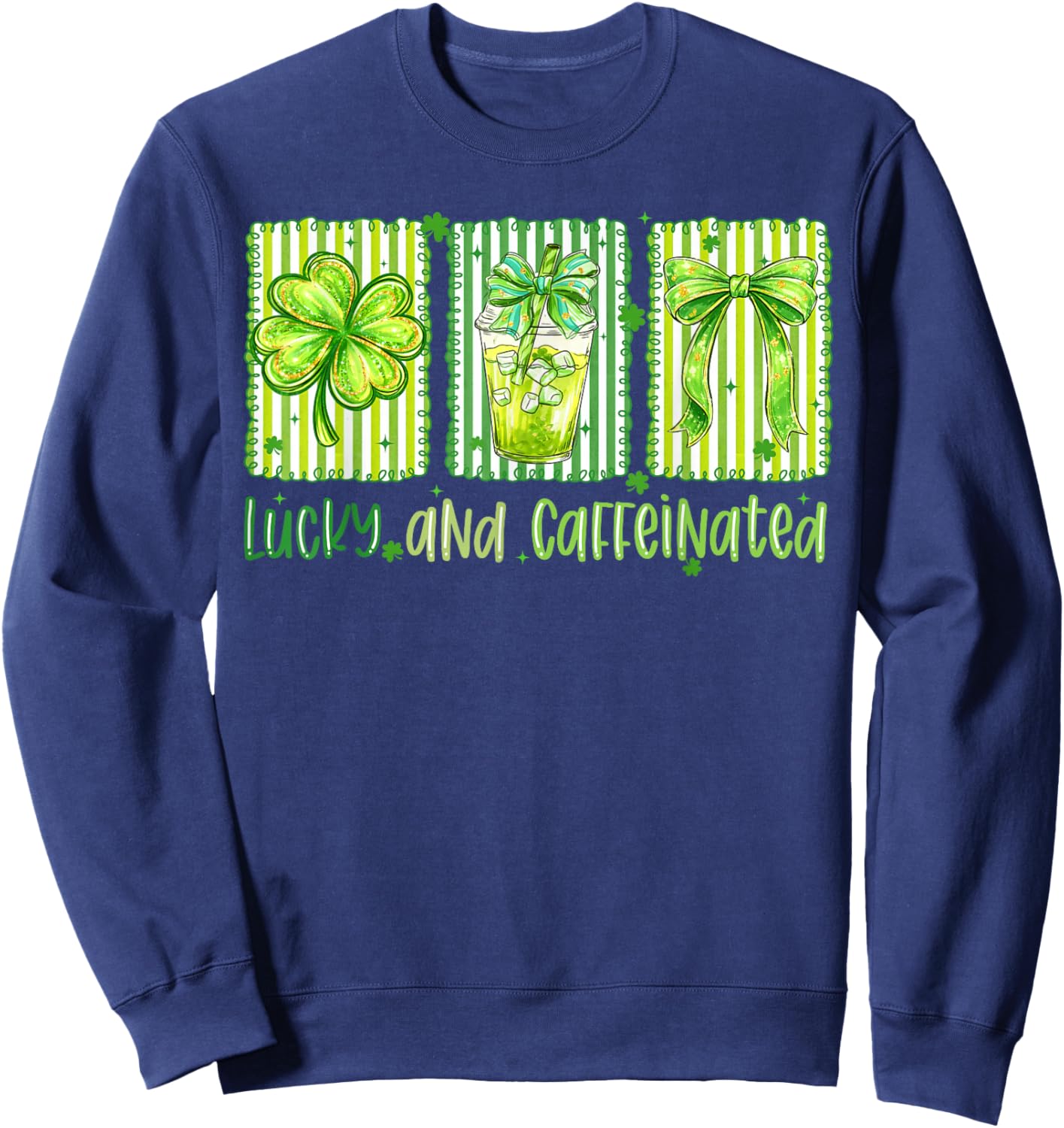 Lucky and Caffeinated St Patrick's Day Shamrock Bow Coffee Sweatshirt - Sweatshirt | Navy