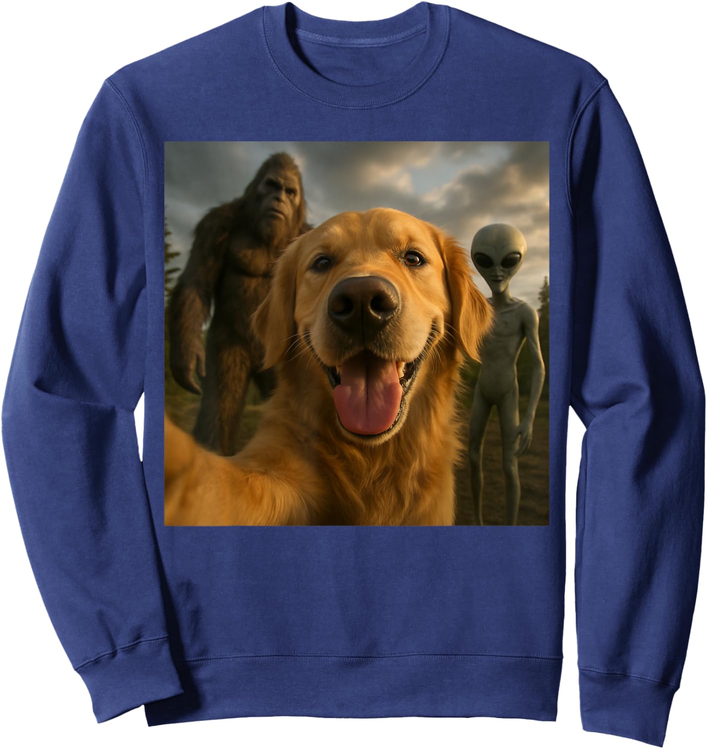 Funny Golden Retriever Dog Selfie with Alien & Bigfoot Sweatshirt - Sweatshirt | Navy