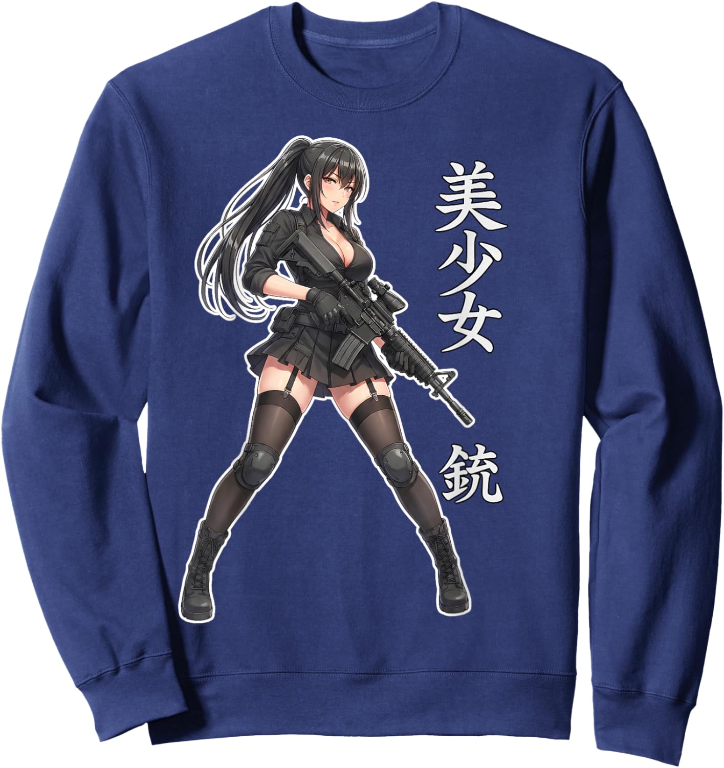 Cute Anime Waifu Girl with Gun Graphic Sweatshirt - Sweatshirt | Navy
